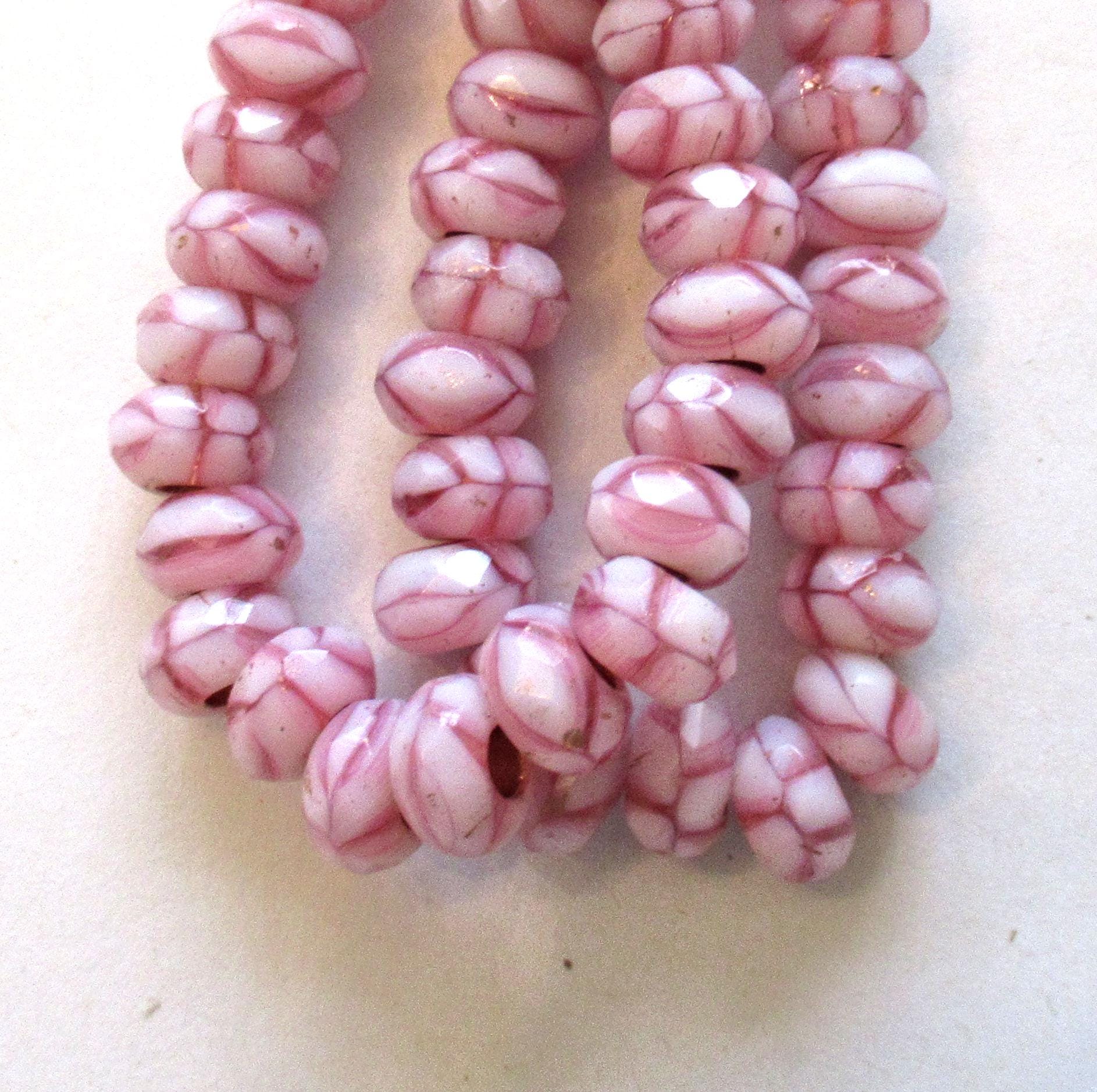 Ten Czech glass faceted roller beads - 6 x 9mm opaque & transparent pink and white marbled striped tyre beads - big 3mm hole beads C00541