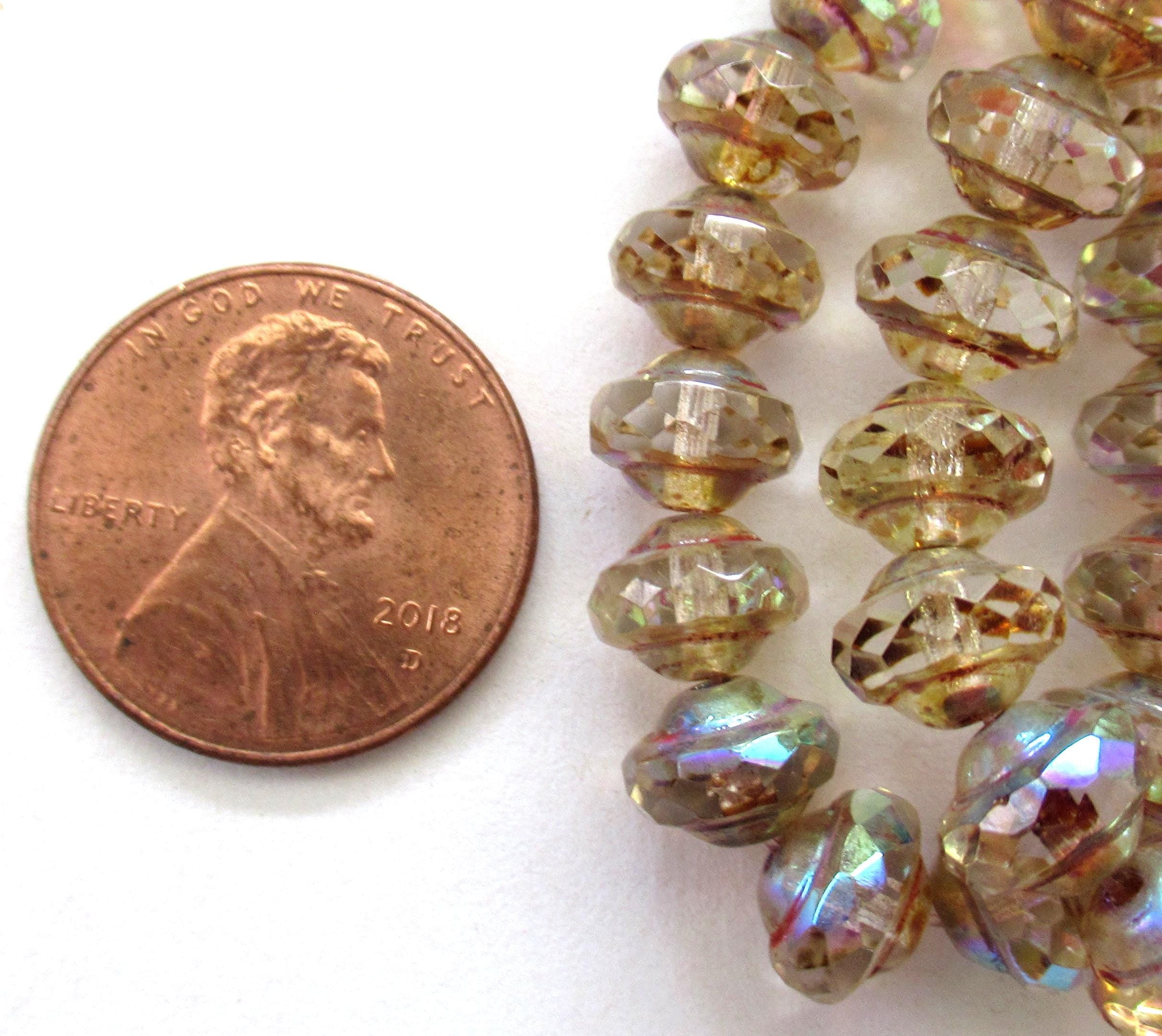 Fifteen Czech glass mini saturn beads - 6 x 8mm crystal clear picasso ab beads - faceted fire polished saucer beads - C00302