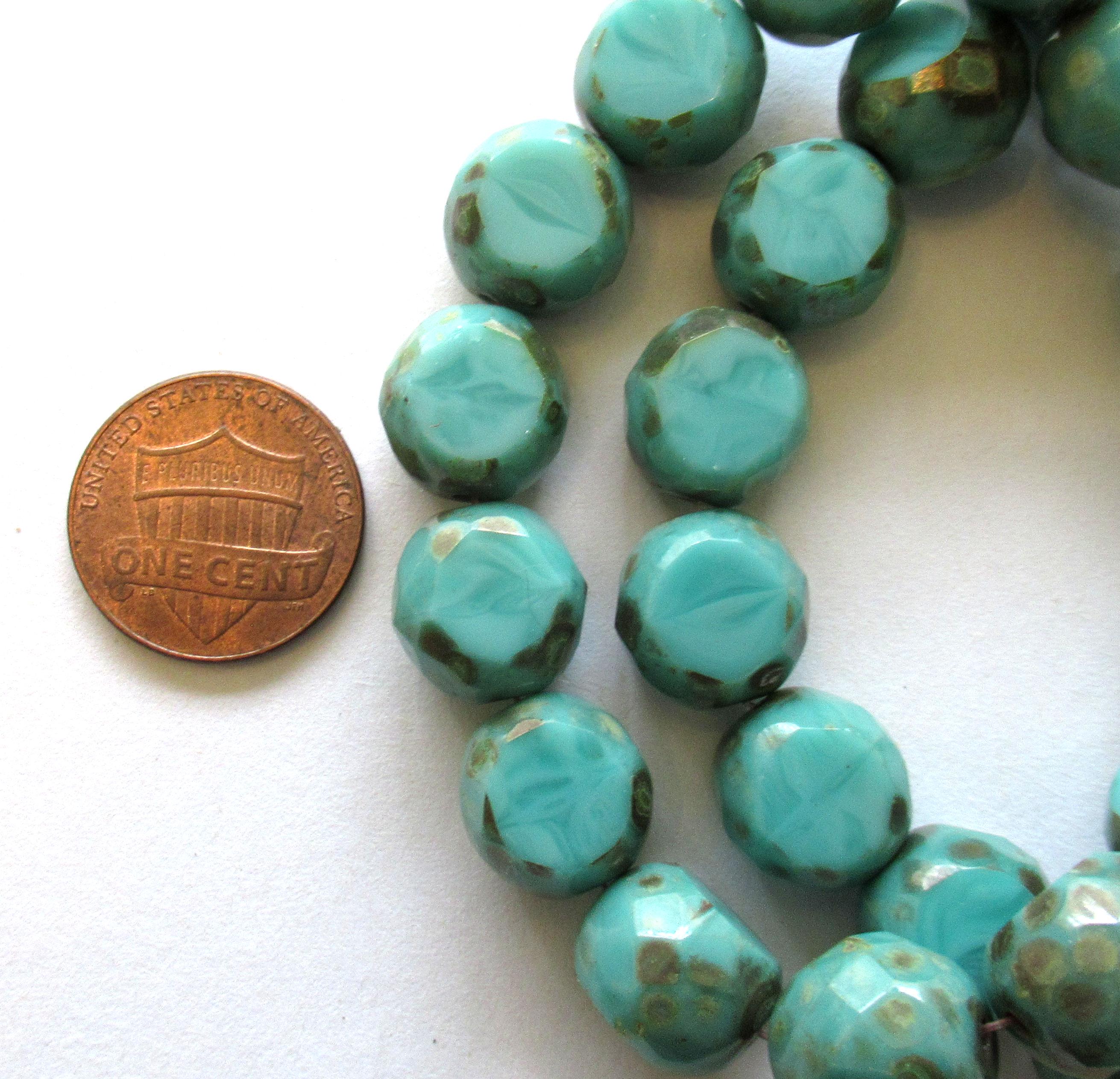 Six 12mm large Czech glass beads - opaque turquoise blue green faceted window beads - statement or focal beads - dual faceted table cut beads - 600432