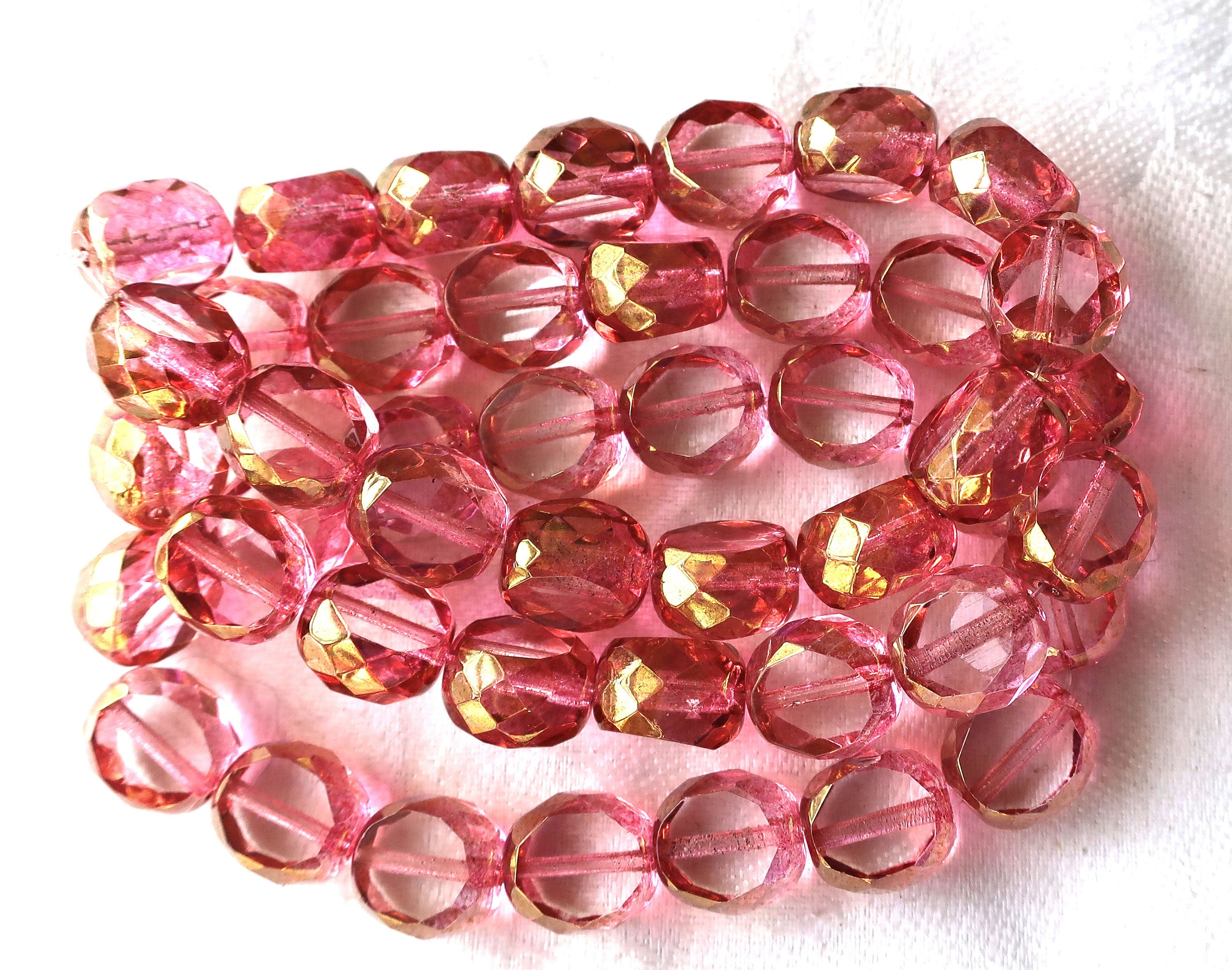 Five 12mm round, dual faceted. table cut Czech glass beads, pink & gold picasso window beads, chunky statement , focal beads 611101