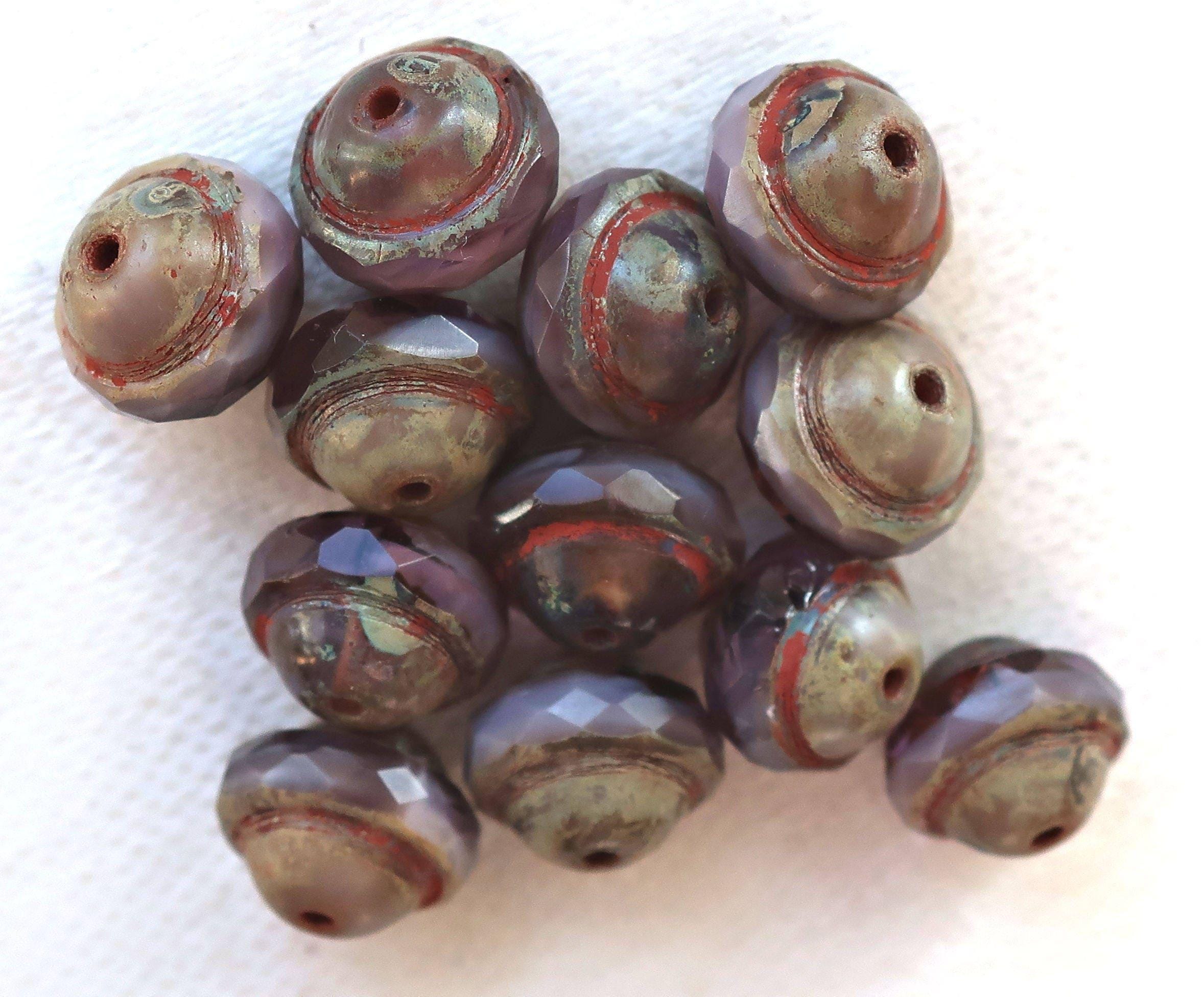 Ten purple Czech glass saturn beads - 8 x 10mm transparent & opaque mix amethyst - faceted saucer beads with a picsso finish - C04101