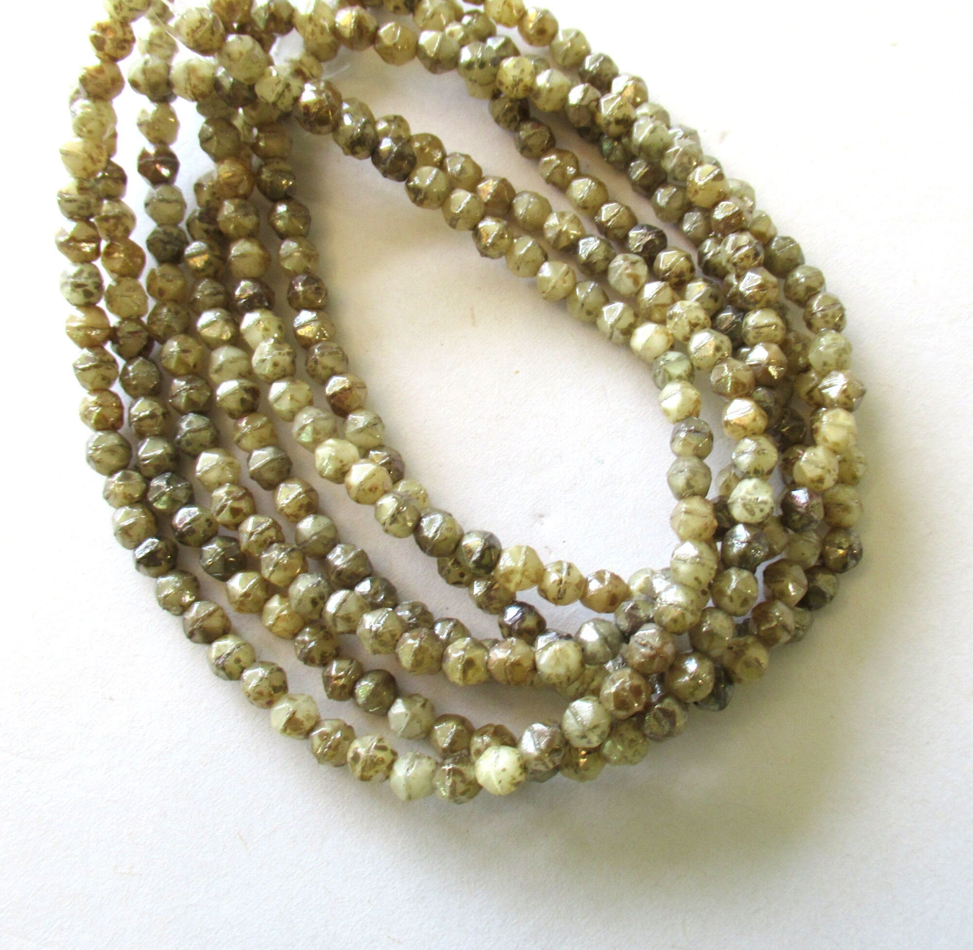 50 4mm Czech glass English cut faceted beads - translucent off white or champagne beads with a picasso finish - C0069