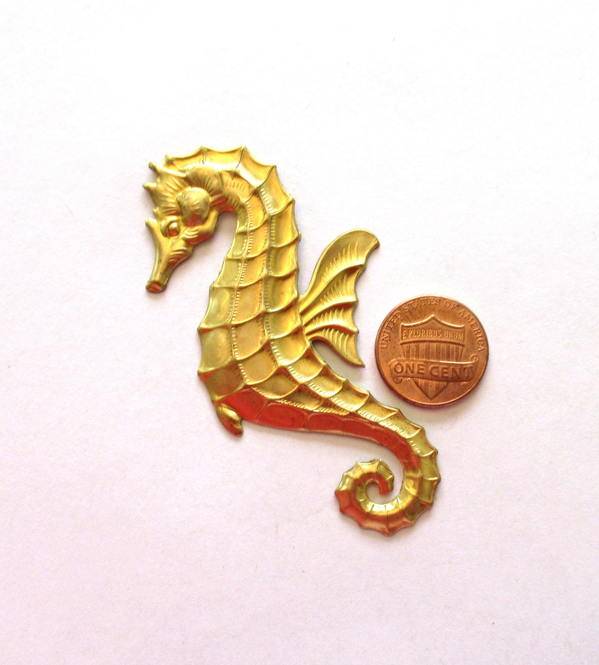 1 raw brass stamping - stylized nautical seahorse - ornament - pendant - charm - connector - 3"inches - USA made C0028