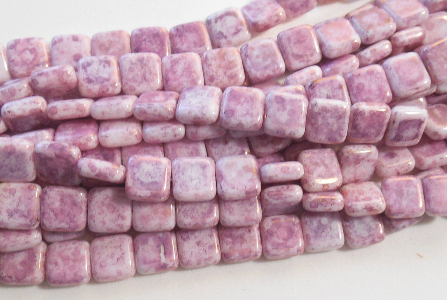25 9mm Opaque Luster Topaz Pink Czech square flat glass beads, pink picasso beads C8925