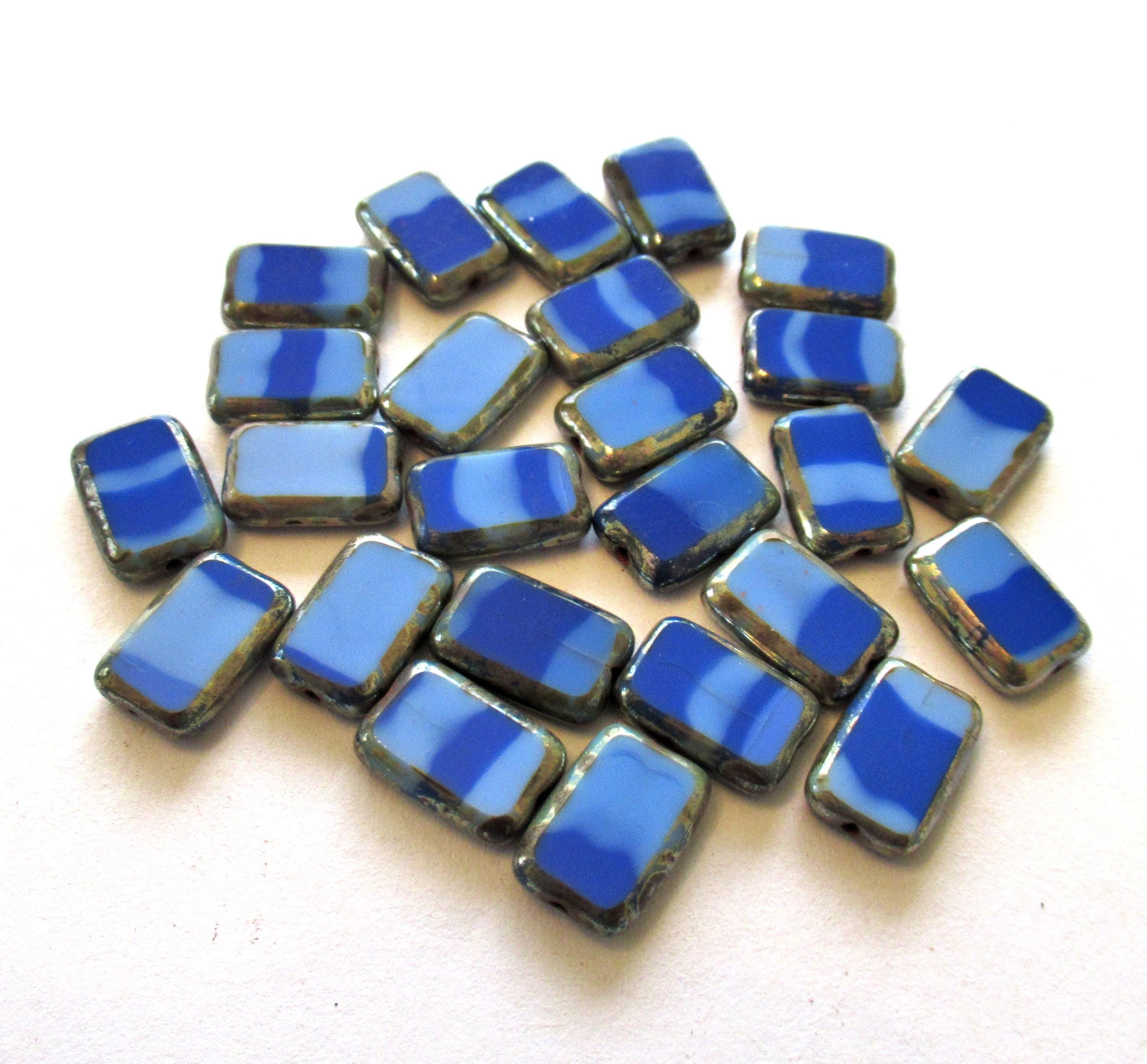 Ten Czech glass rectangle beads - 8 x 12mm - striped light and dark blue beads w/ silver picasso accents  - table cut beads - C00221