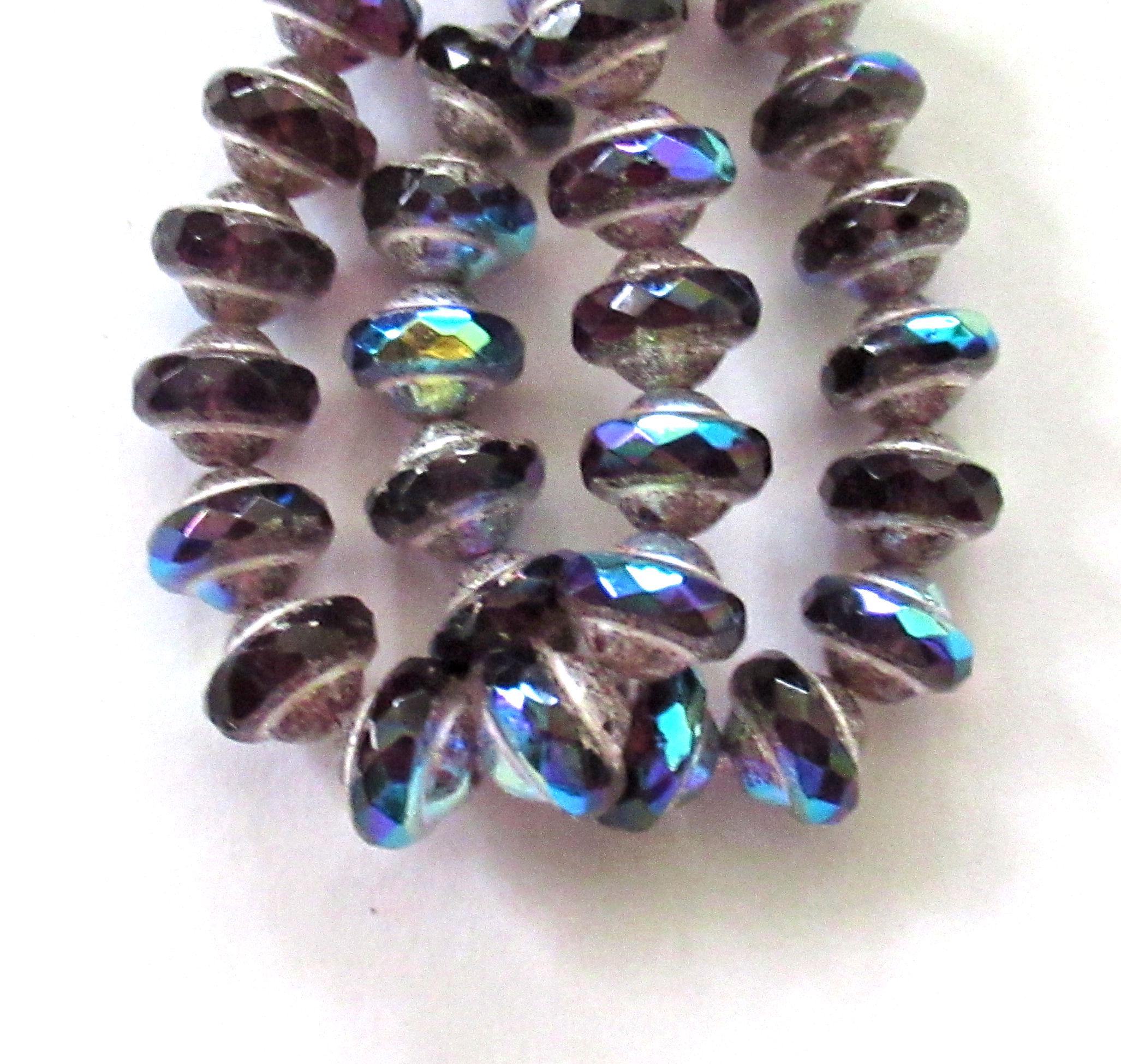 15 Czech glass mini saturn / saucer beads - 6 x 8mm purple / amethyst ab with picasso accents - C00522