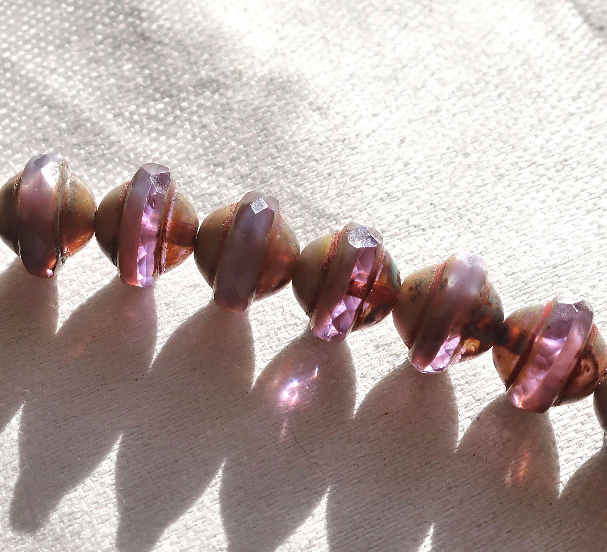 Ten purple Czech glass saturn beads - 8 x 10mm transparent & opaque mix amethyst - faceted saucer beads with a picsso finish - C04101