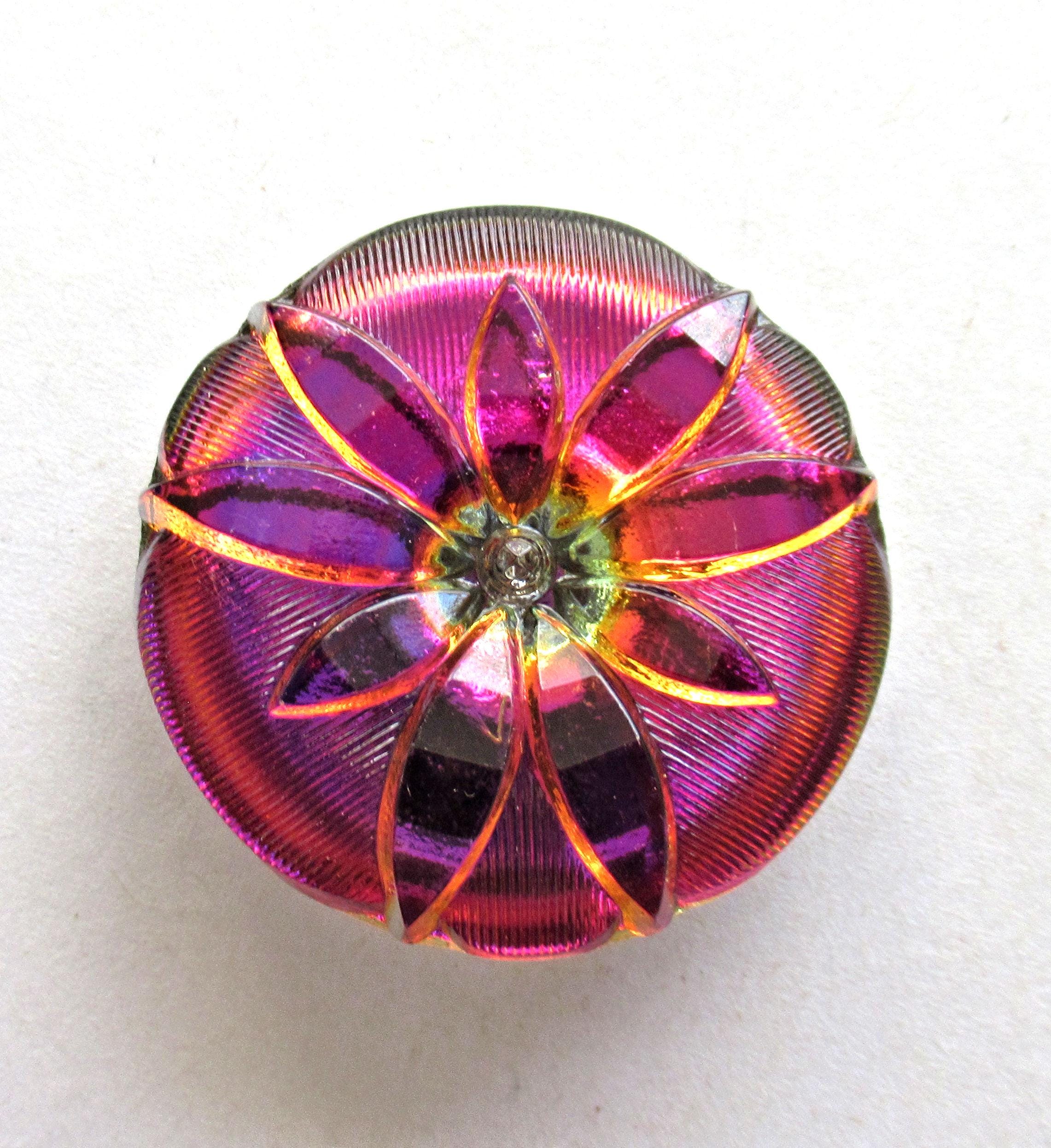 One large Czech glass flower button - iridescent pink & orange button - 35mm - decorative shank button - 00083