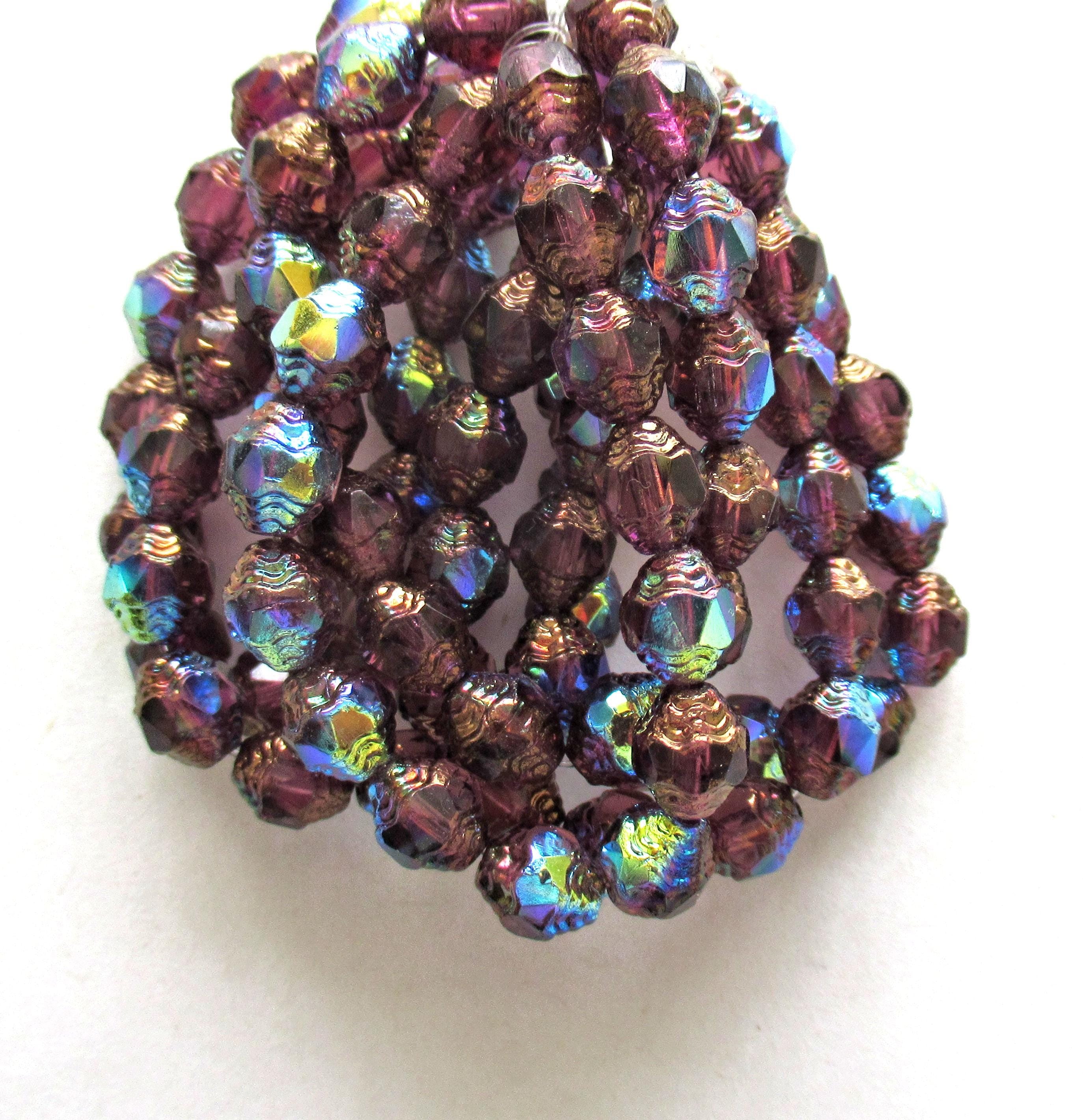 15 Czech glass mini antique style oval cathedral beads - 8 x 6mm amethyst purple ab beads with bronze accents - faceted fire polished beads - C00191