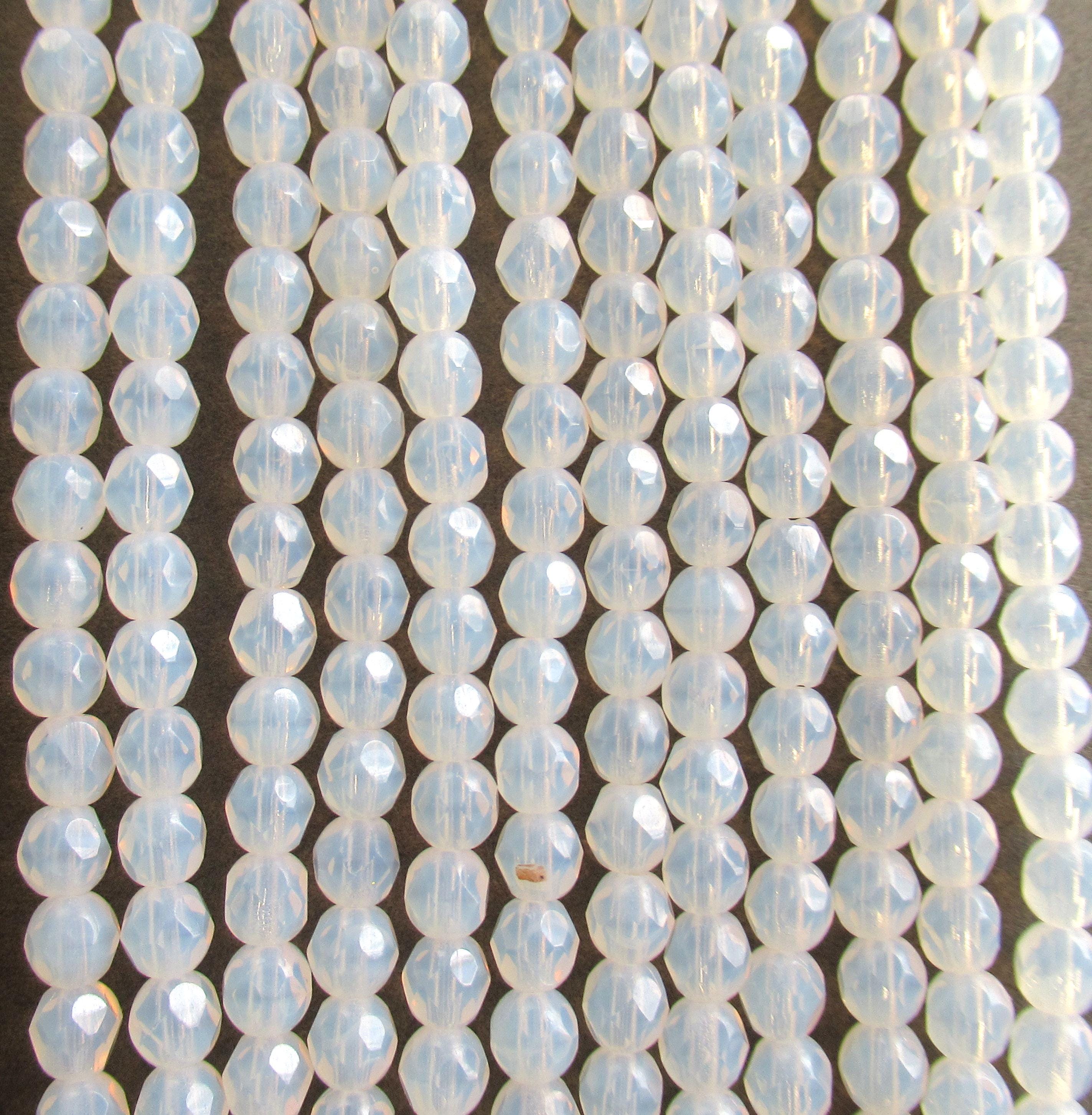 50 4mm milky white Czech glass beads - translucent white opal - fire polished faceted round beads - C0055