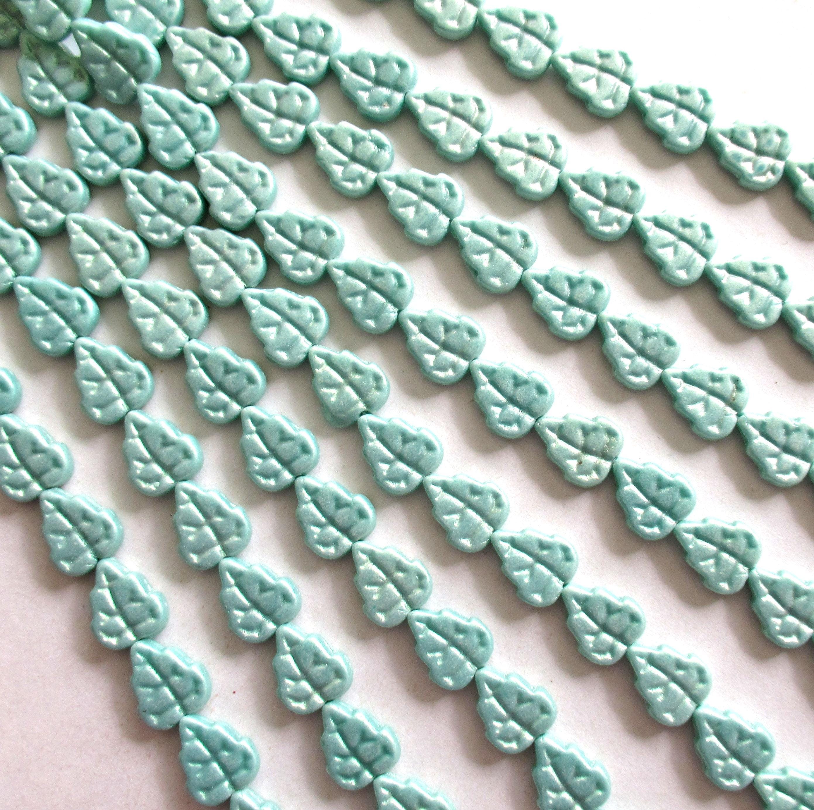 25 Czech glass leaf beads - sueded light turquoise green beads - 8 x 10mm leaves - C0029
