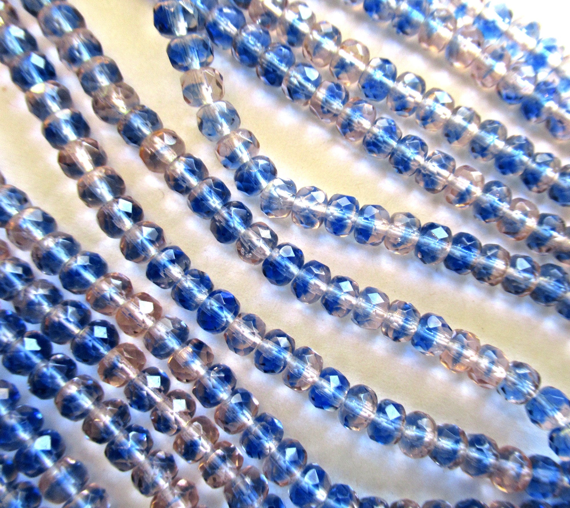 50 small Czech glass puffy rondelle beads - 3 x 5mm pink & blue color mix faceted rondelles 00671