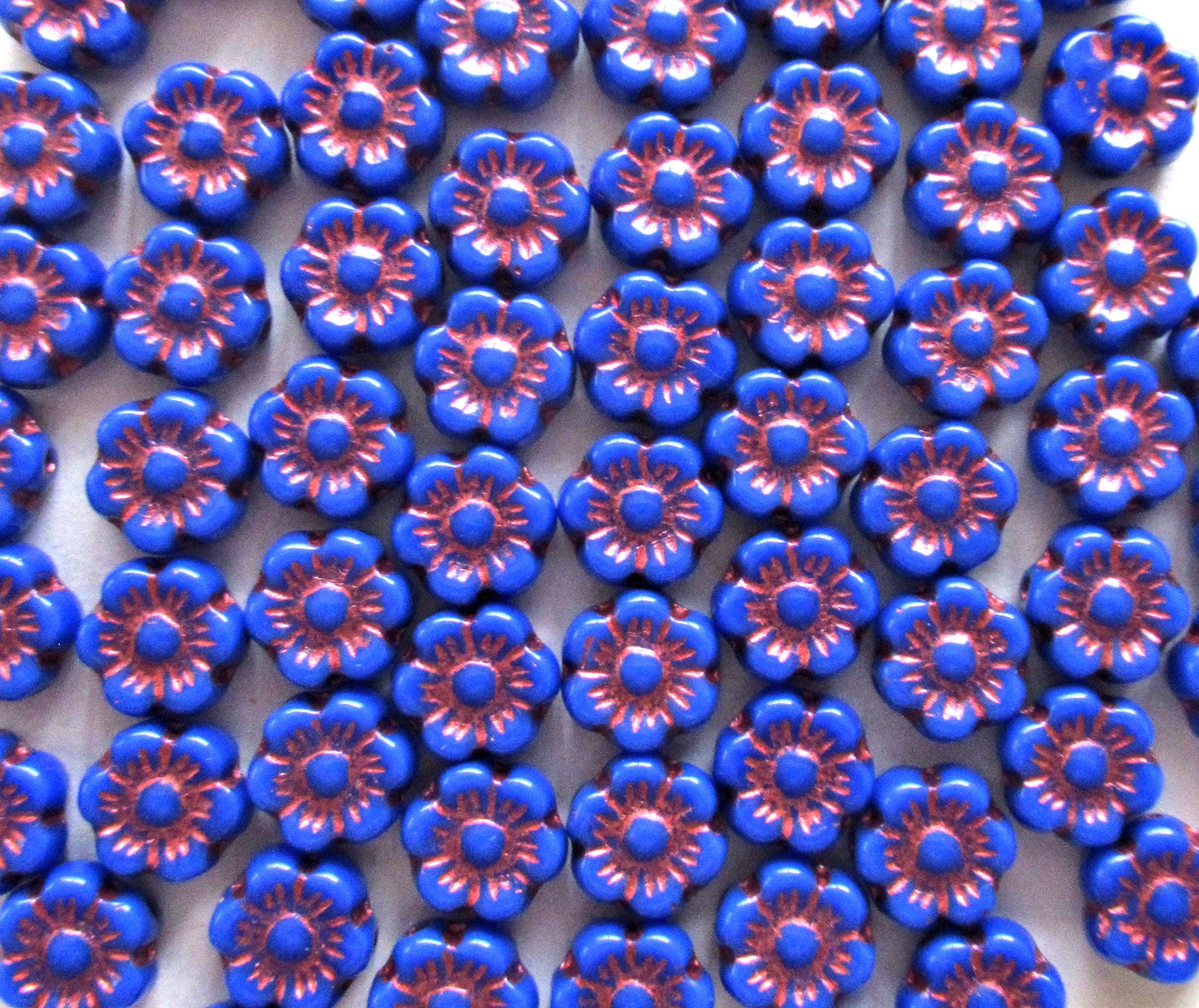 25 small Czech glass flower beads - 6mm - opaque royal blue beads with a metallic pink wash - pressed glass floral beads - C0068