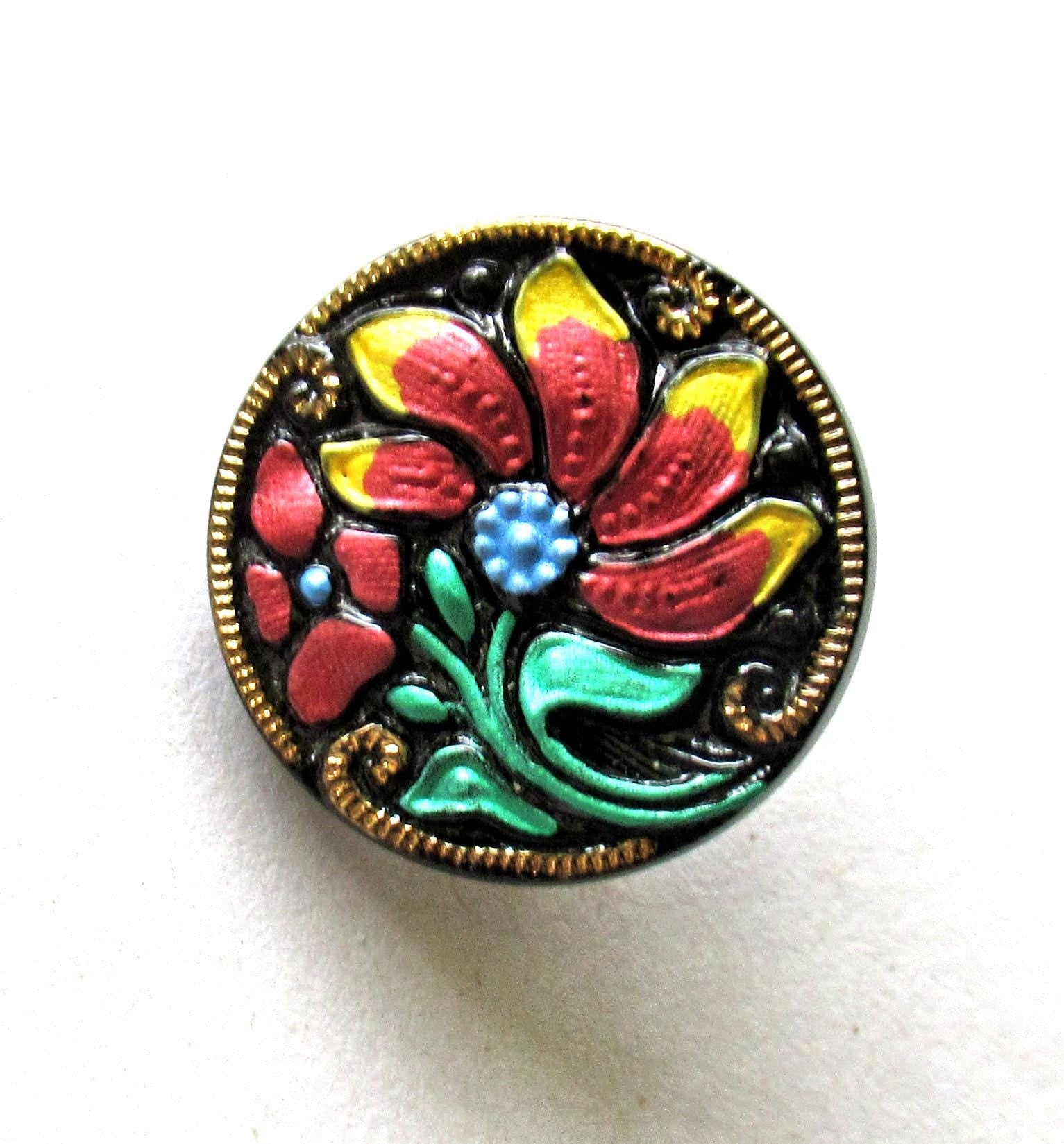 One 18mm Czech glass button - multicolored flower on black background w/ gold accents - hand painted decorative floral shank button - 00054