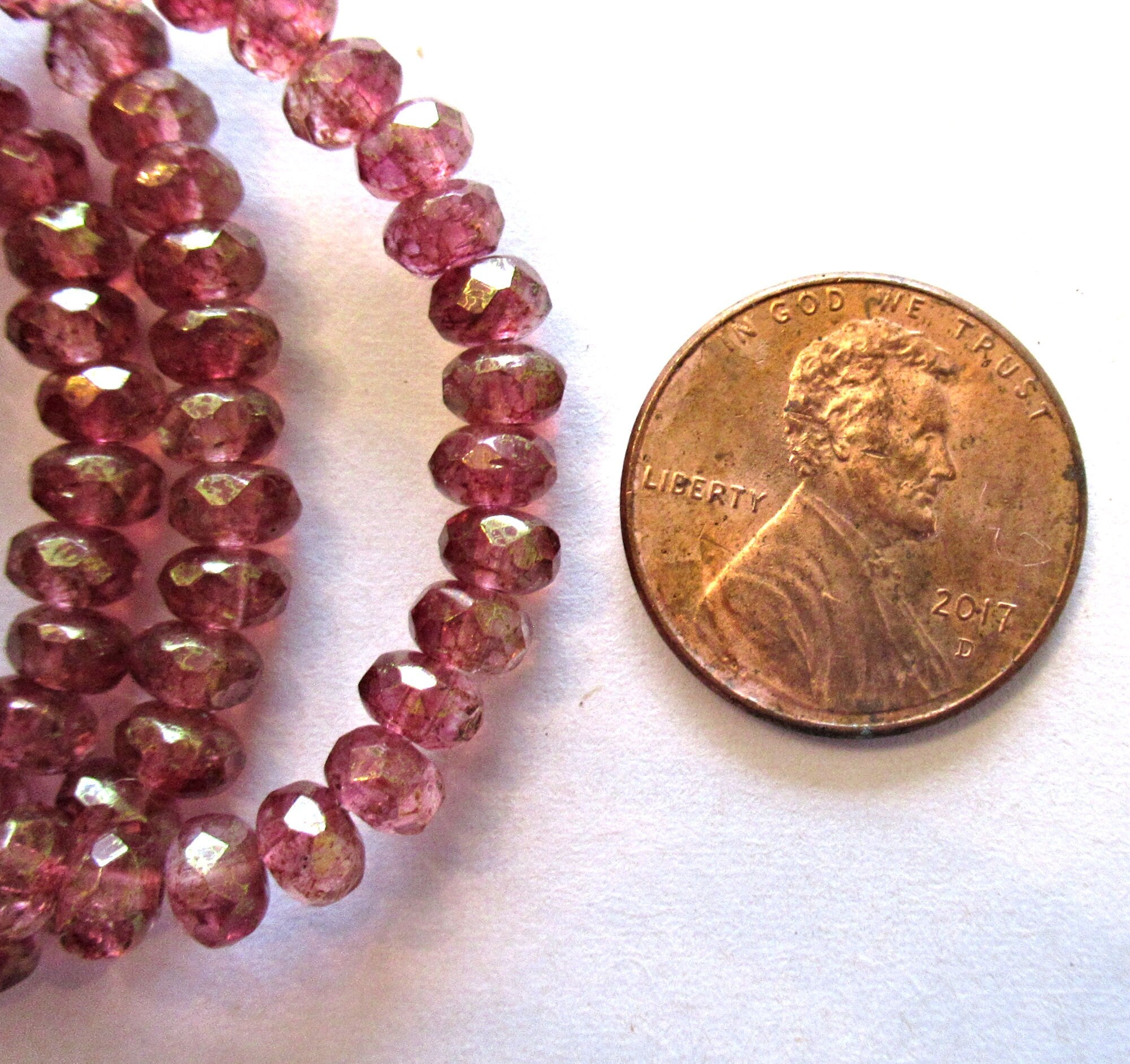 Lot of 30 small Czech glass puffy rondelle beads - 3mm x 5mm pink gold luster faceted fire polished rondelles Czech - 00031
