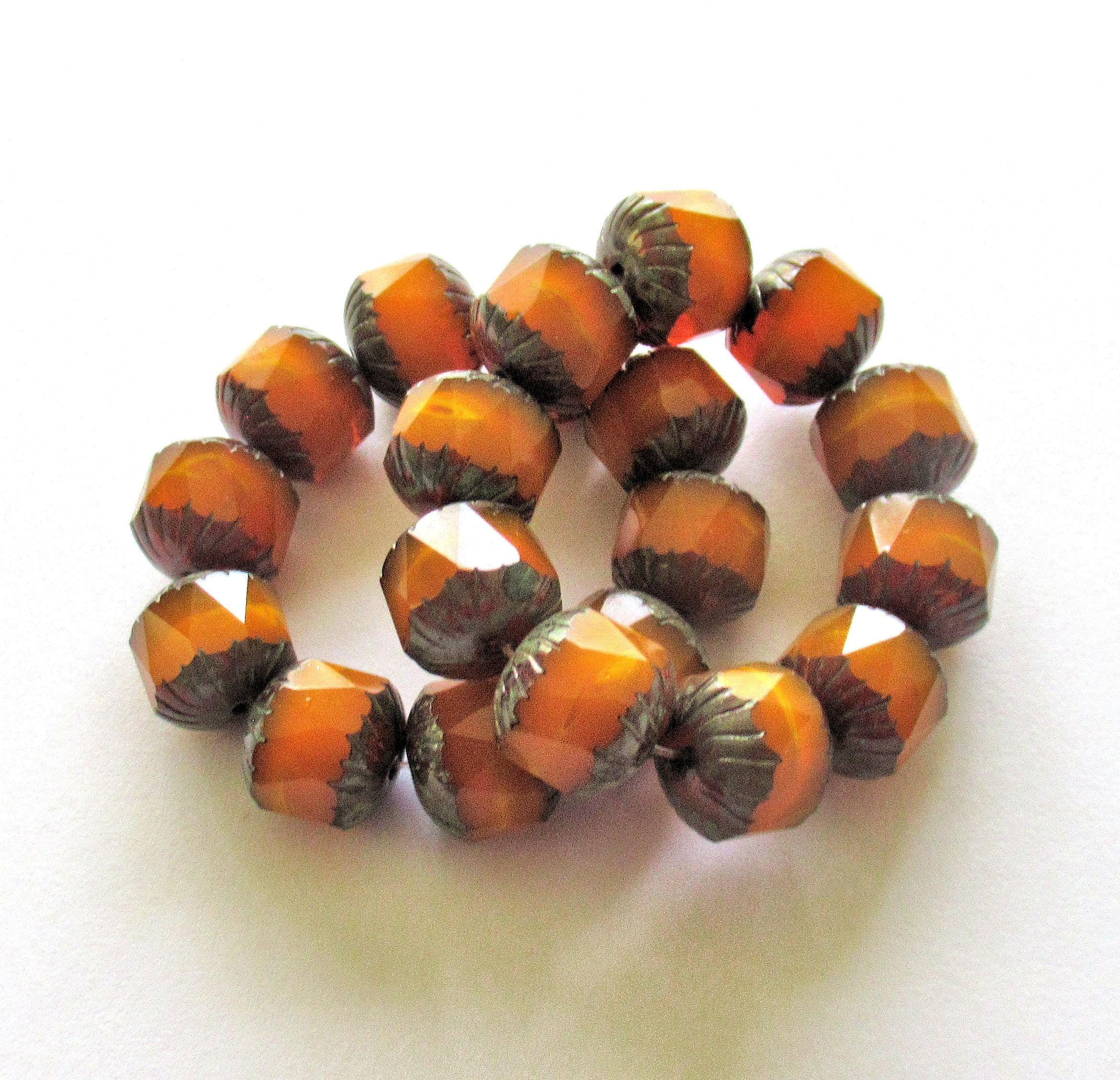 Ten large Czech glass center faceted carved cruller beads - 10mm - round pumpkin orange opal cathedral beads with picasso accents - 00005