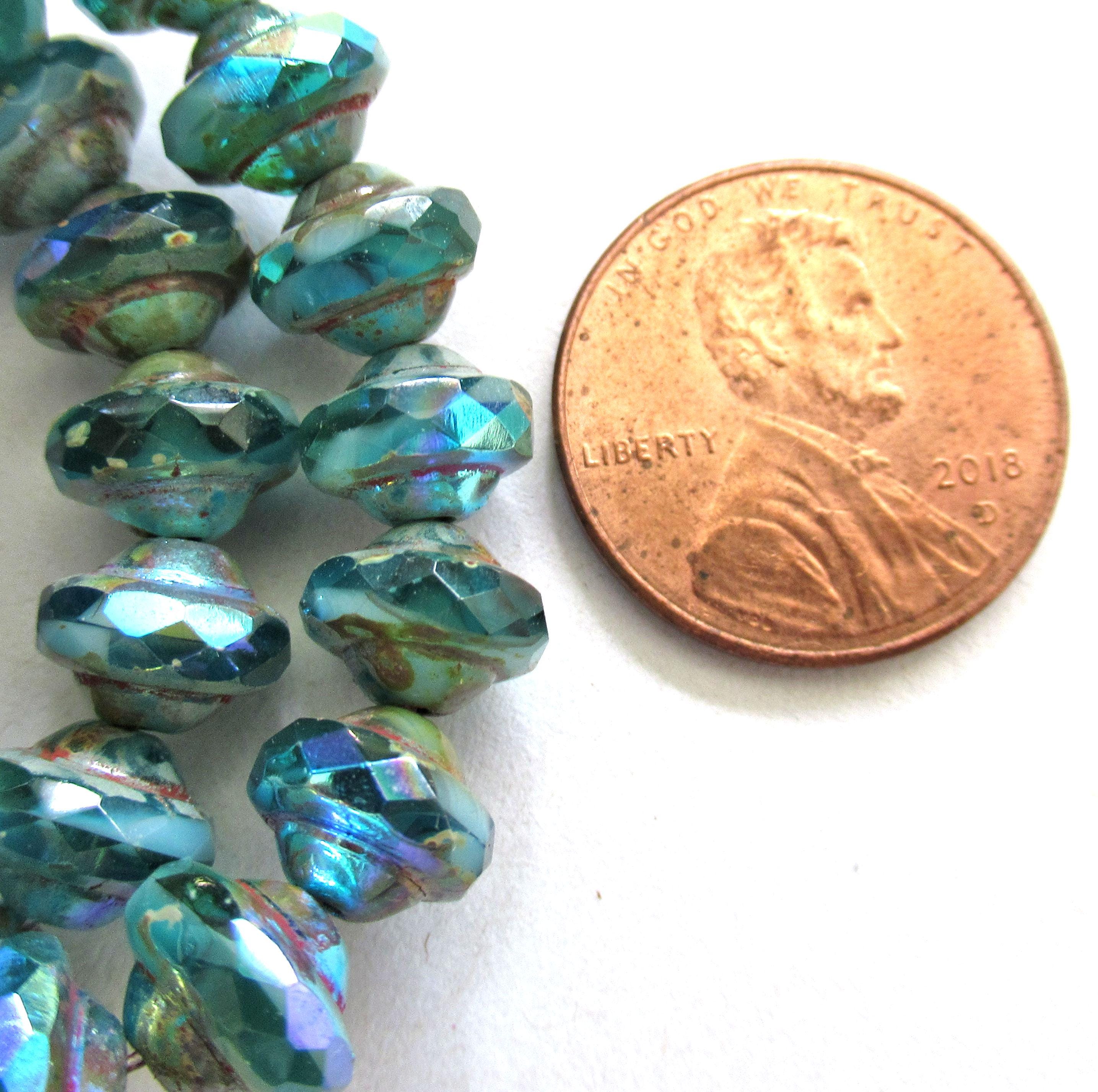 15 Czech glass mini saturn beads - 6 x 8mm opaque & transparent teal blue green ab picasso beads - faceted fire polished saucer beads- 00842