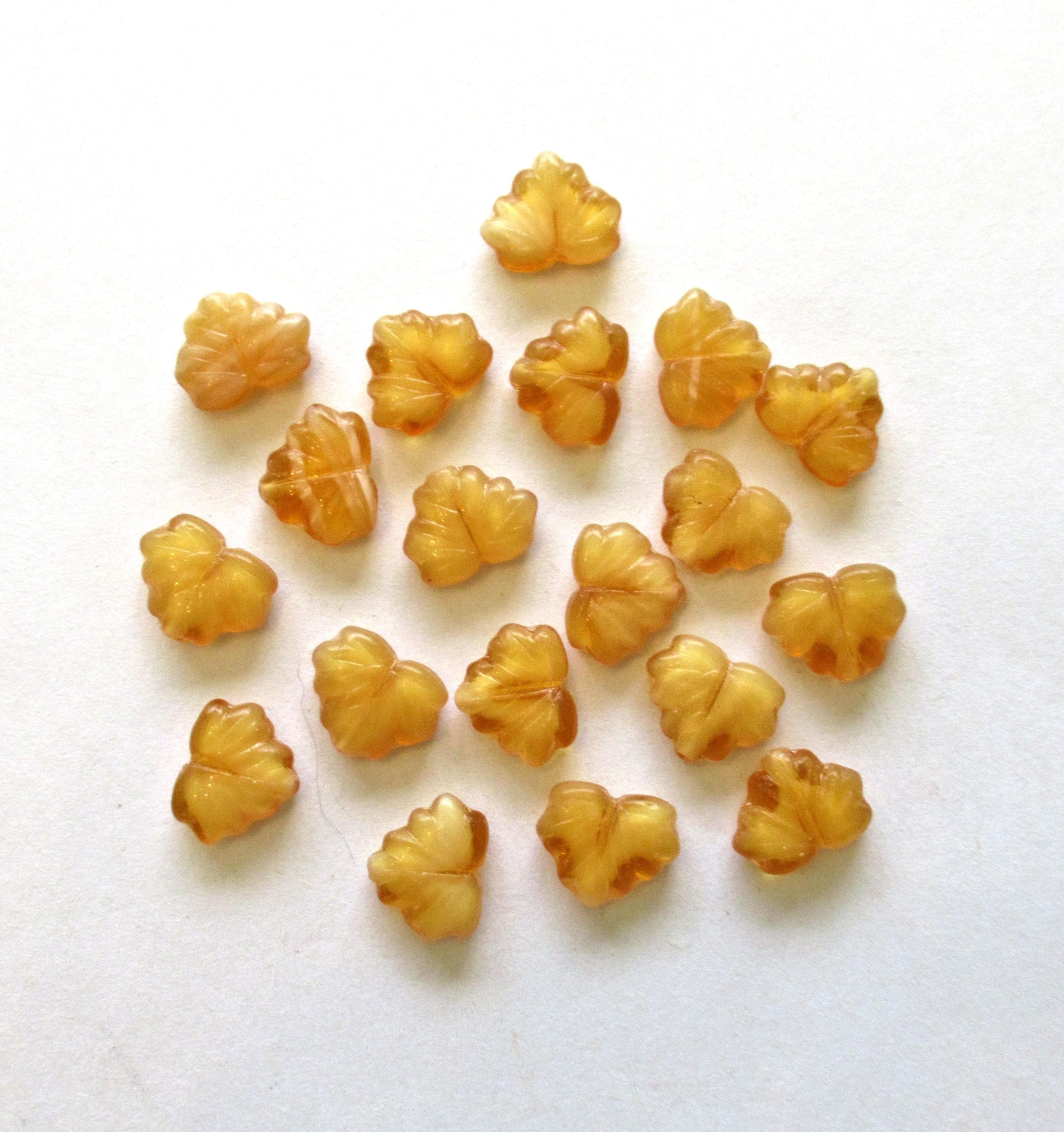 10 Czech glass maple leaf beads - amber leaves with white hearts - center drilled - 13 x 11mm leaves- C00201