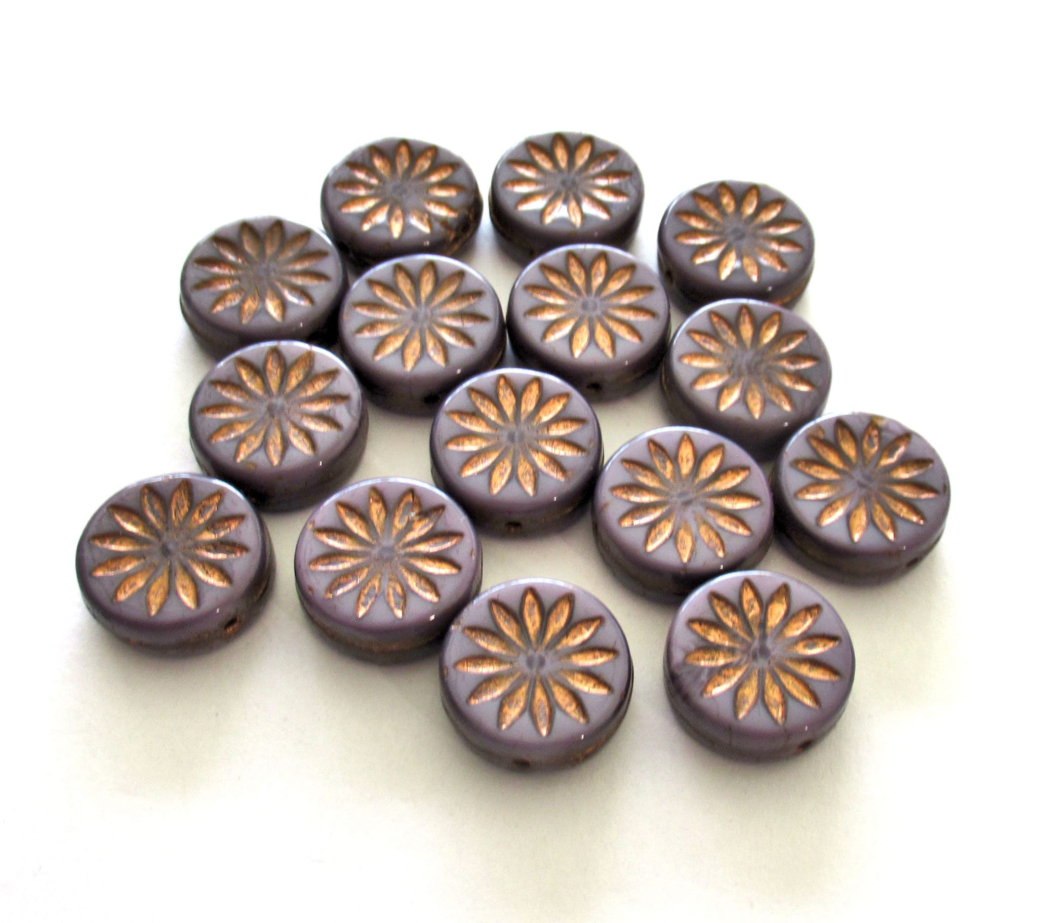 6 Czech glass coin beads - 12mm opaque purple / amethyst Aster flower disc beads with copper accents - thick flat round beads - 00201