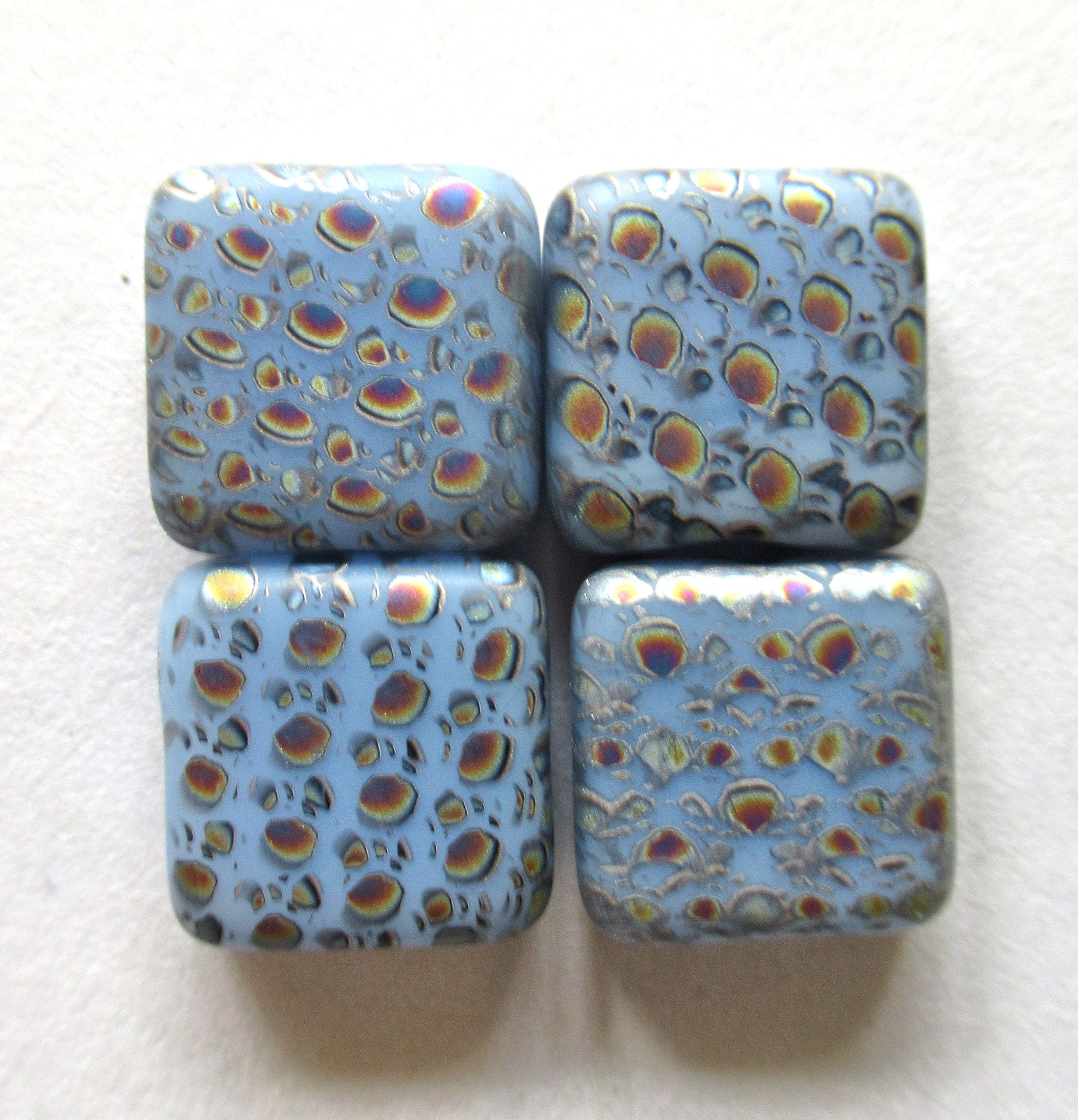 Ten 11mm Czech glass square peacock beads - opaque light blue laser etched beads with an iridescent abstract pattern C00651