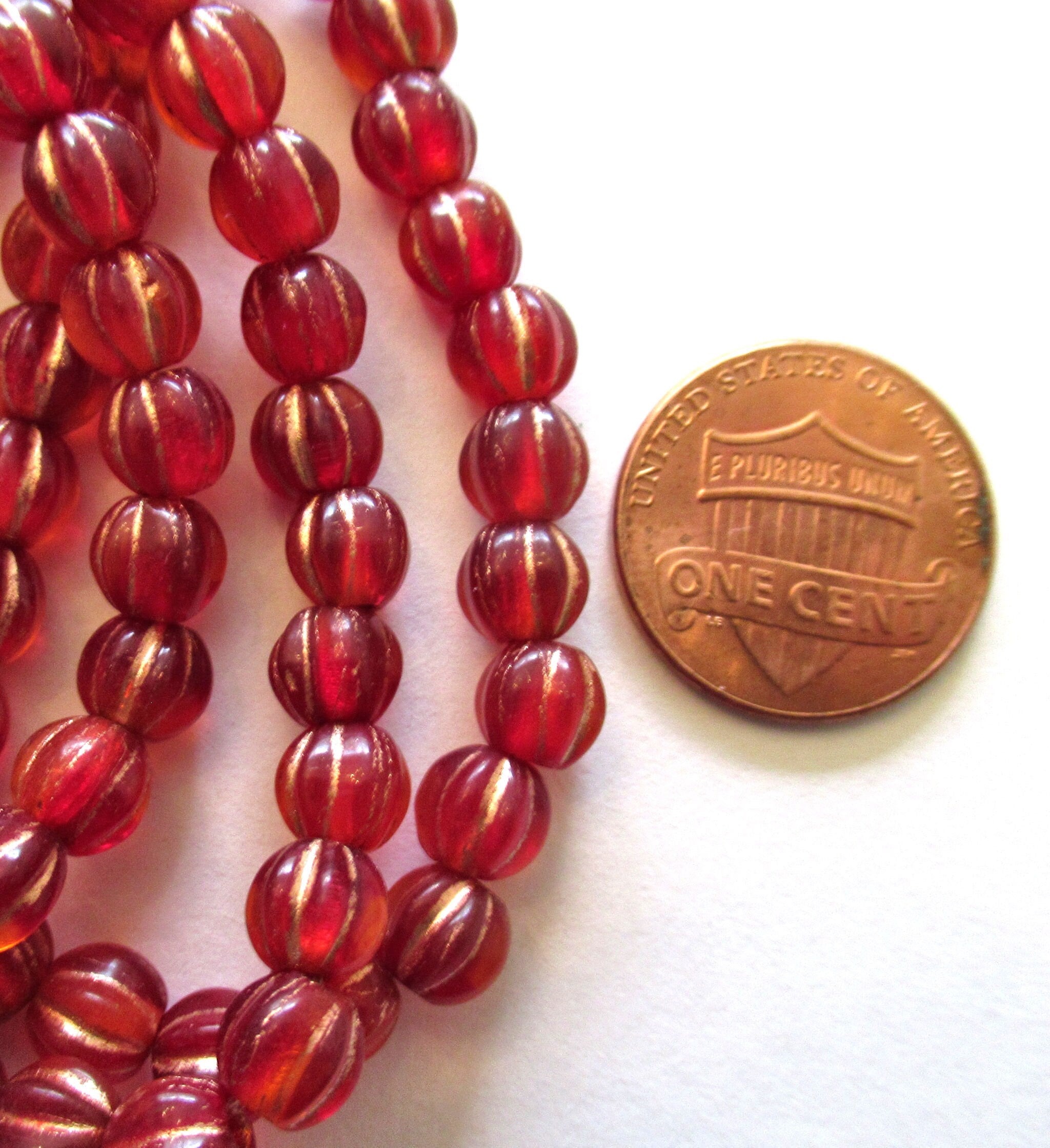 25 6mm Czech glass melon beads - transparent siam red with a gold wash - pressed glass beads - C0058