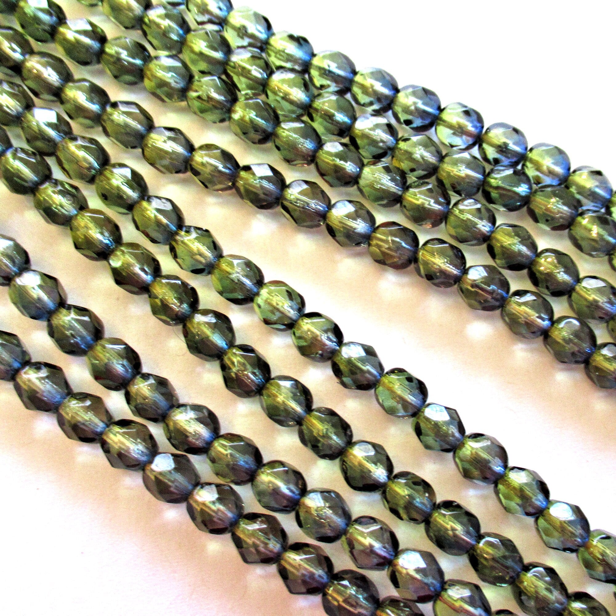25 6mm Czech glass beads - olivine Green & blue color mix fire polished, faceted beads - C0037