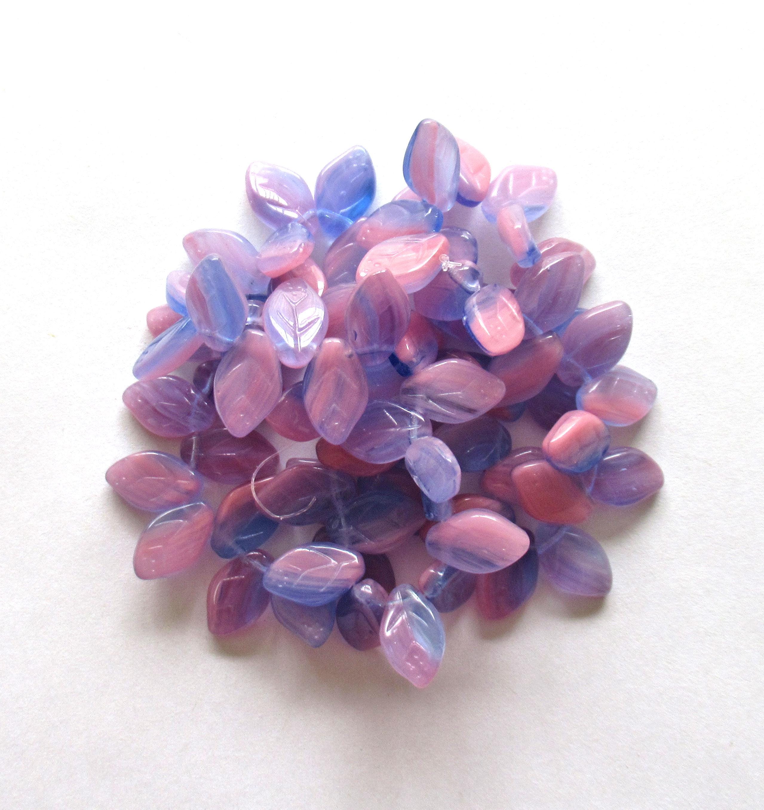 25 Czech glass leaf beads - pink & blue marbled mix - 12 x 8mm - side drilled leaves - C00501