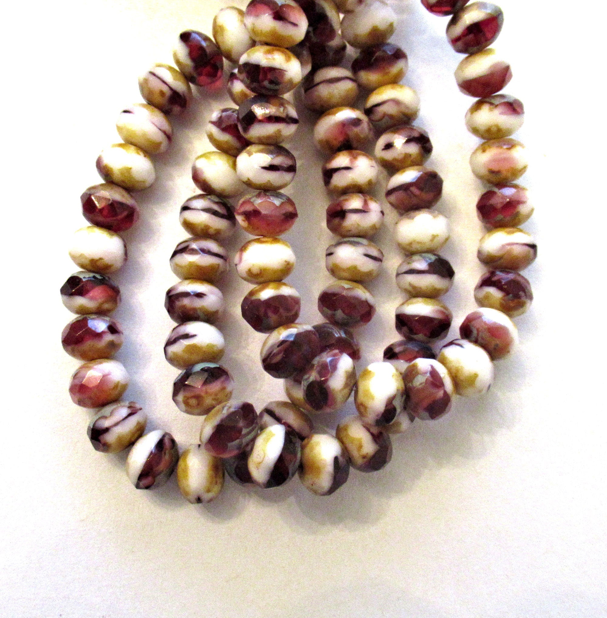 Lot of 25 Czech glass puffy rondelle beads - 5 x 7mm amethyst, pink and white color mix w/ picasso accents - faceted rondelles, C00571