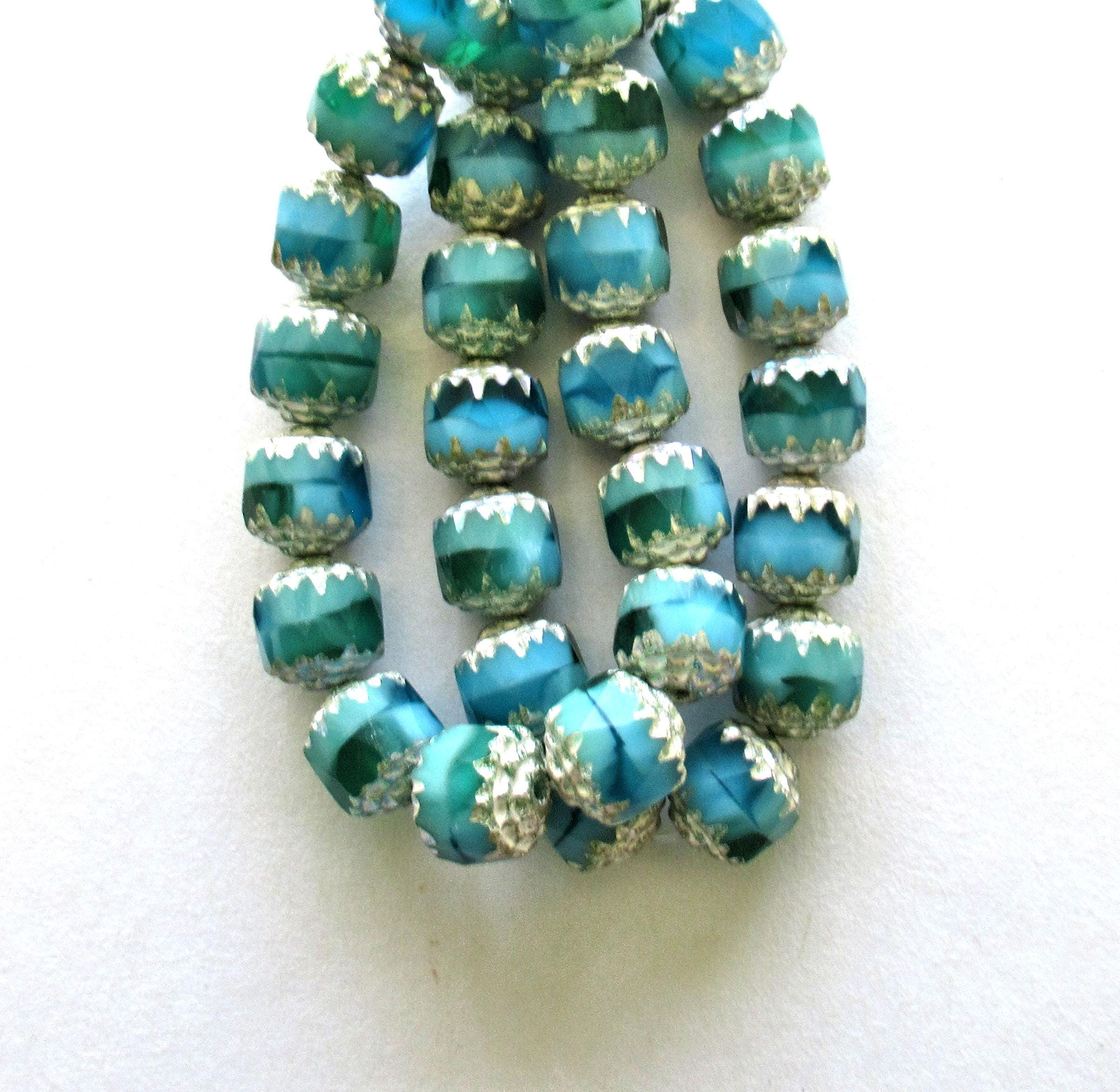 Fifteen 8mm Czech glass cathedral beads - blue & green mix w/ antique silver picasso accents - faceted fire polished antique cut beads 00542