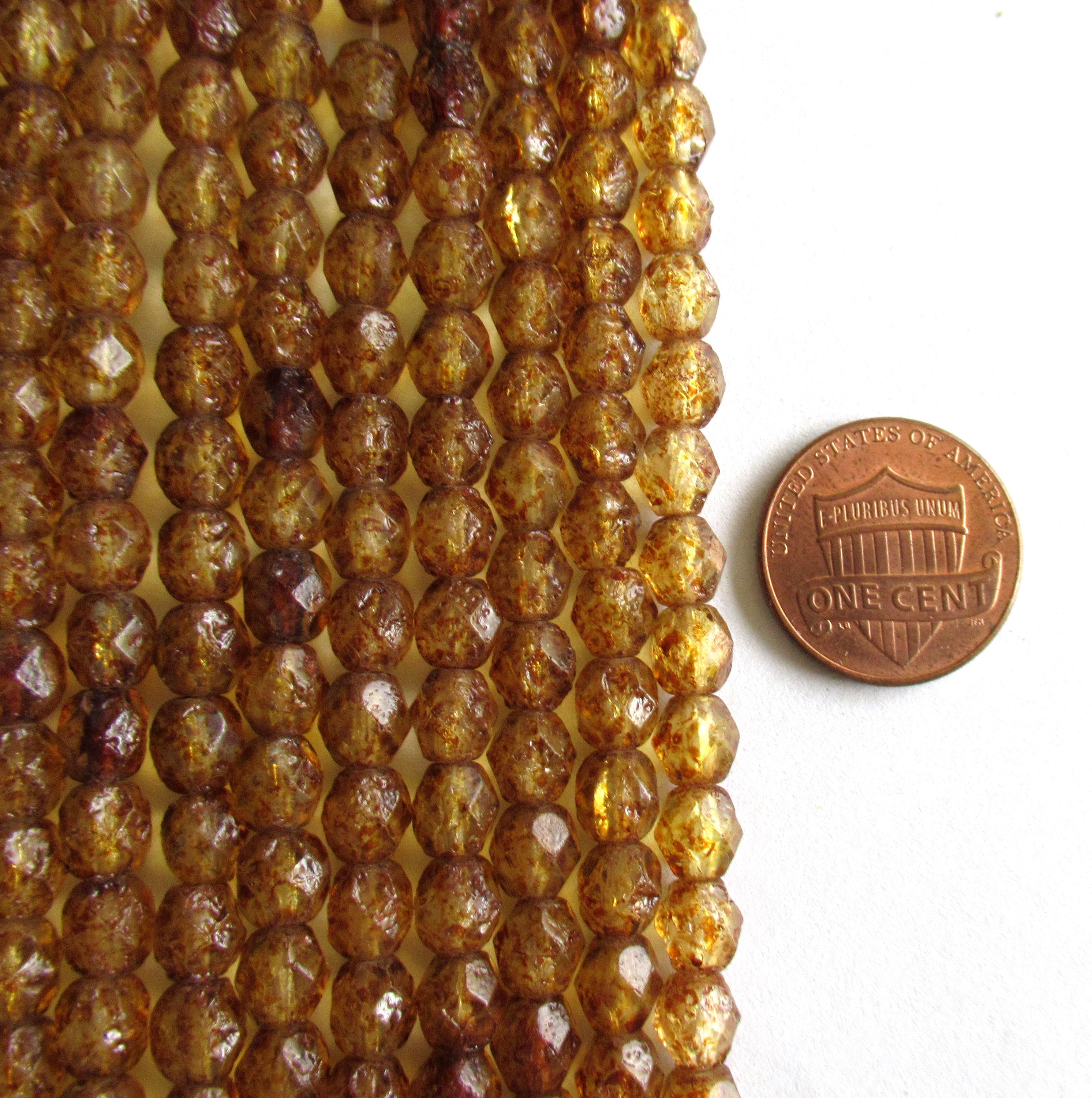 25 6mm Czech glass beads - Crystal Stone Picasso beads - transparent brown beads - fire polished faceted round beads - C0096