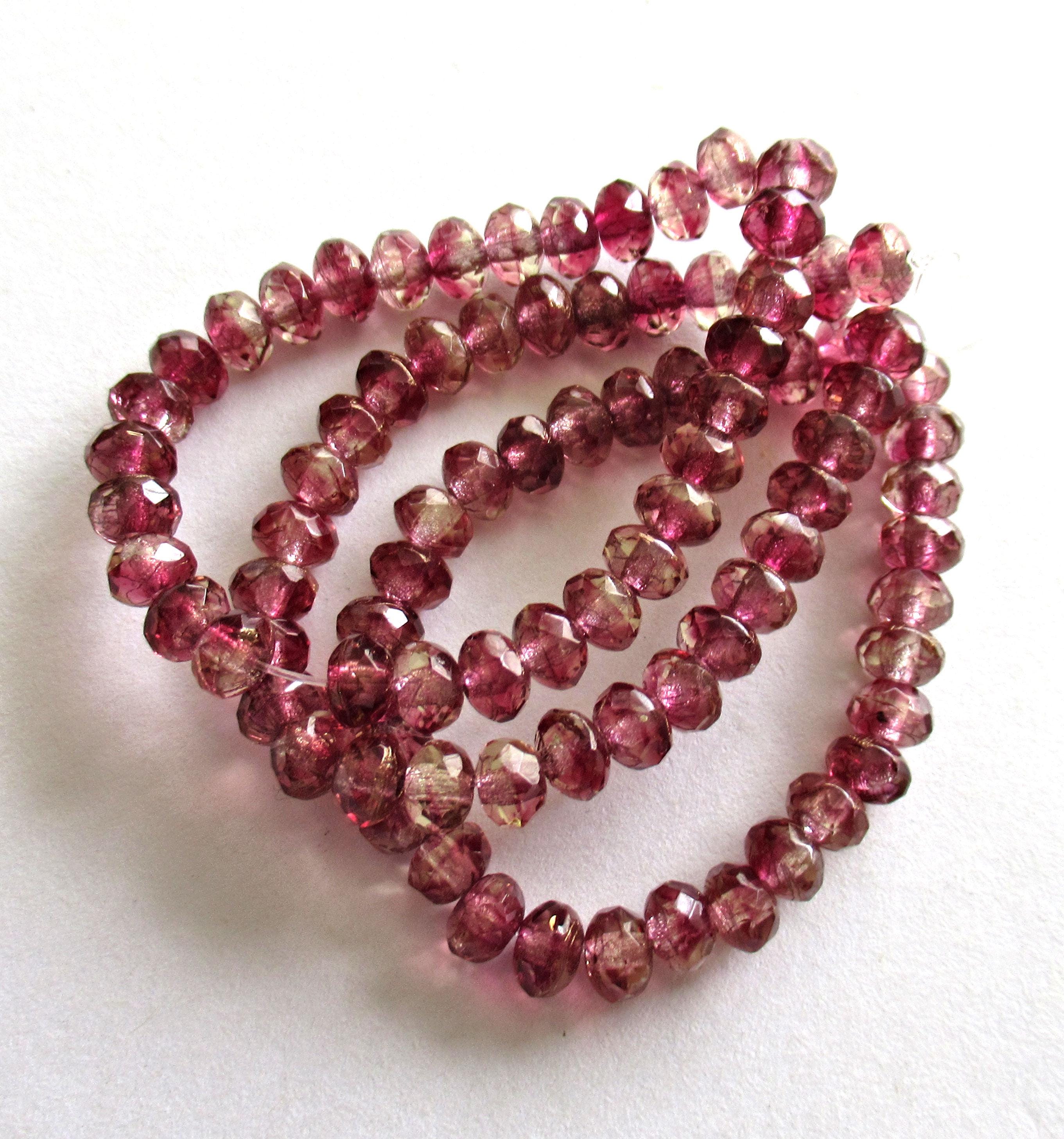 30 small Czech glass puffy rondelle beads - 3mm x 5mm - Marbled pink & champagne w/ bronze accents - faceted fire polished beads - 00051