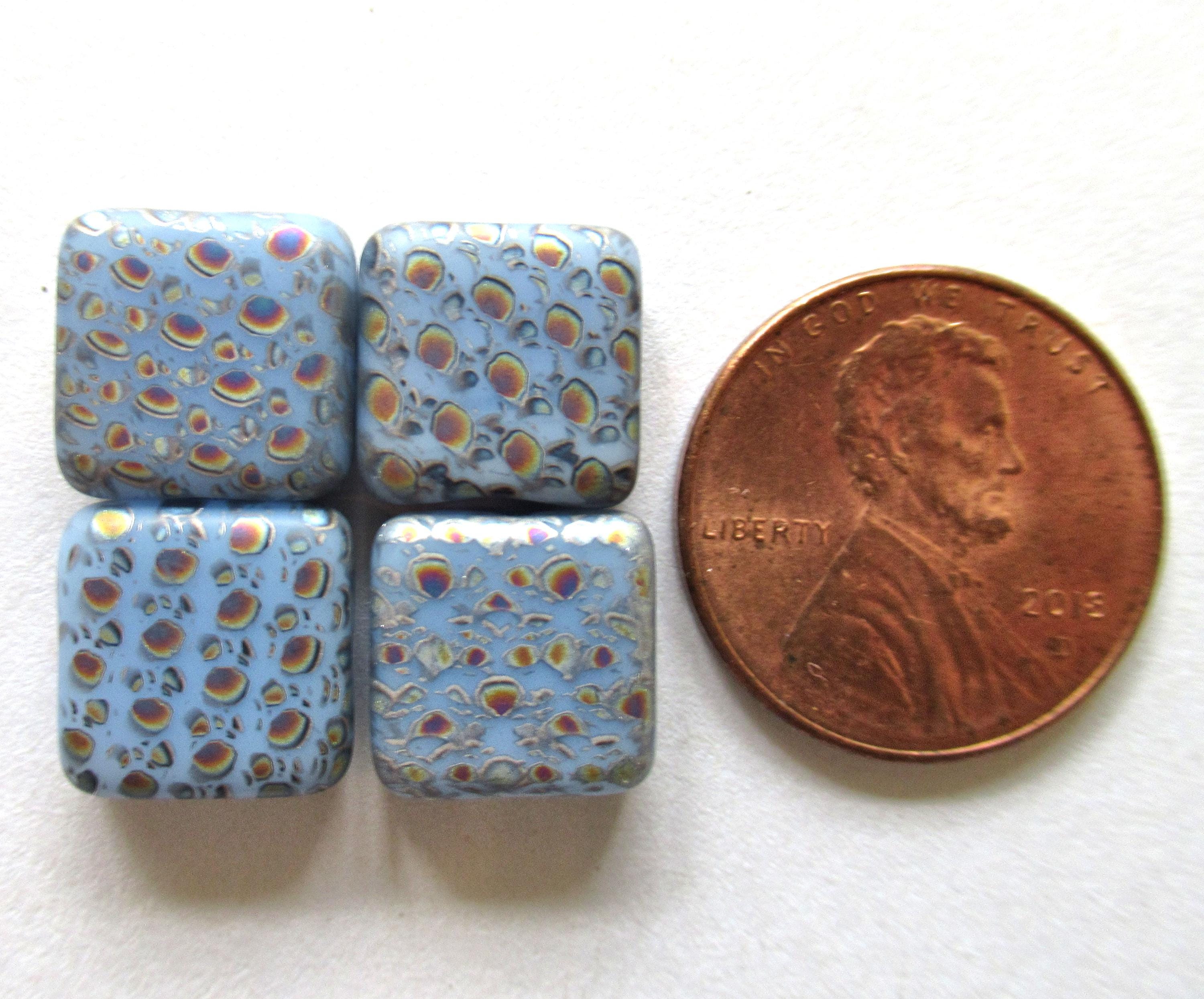 Ten 11mm Czech glass square peacock beads - opaque light blue laser etched beads with an iridescent abstract pattern C00651