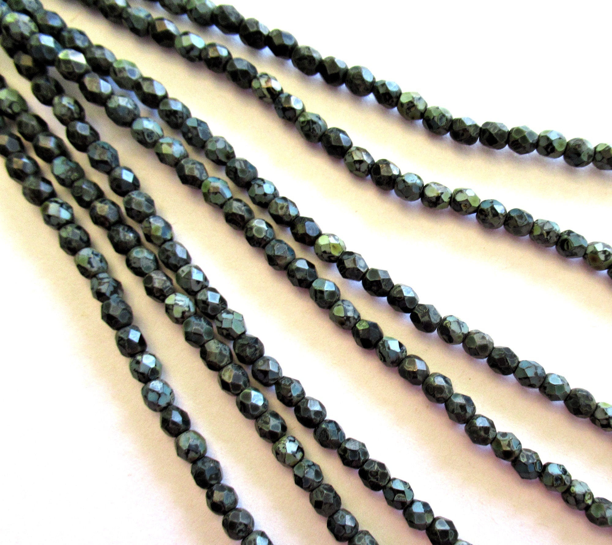 Fifty 4mm Czech glass beads - jet black with a picasso finish - fire polished faceted round beads - C0025