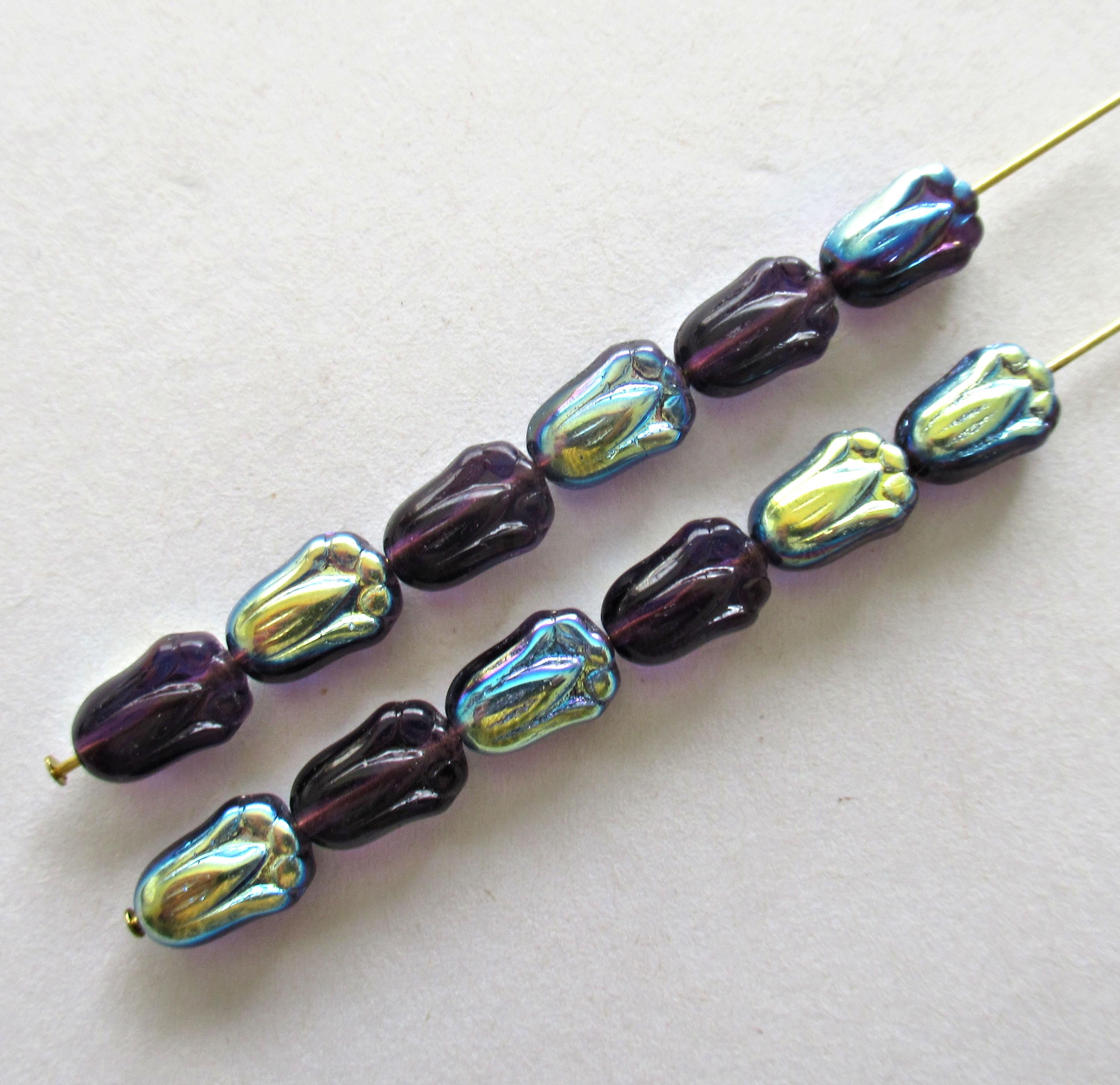 25 Czech glass tulip flower beads - tanzanite purple ab - 12 x 8mm - pressed glass beads - C00096