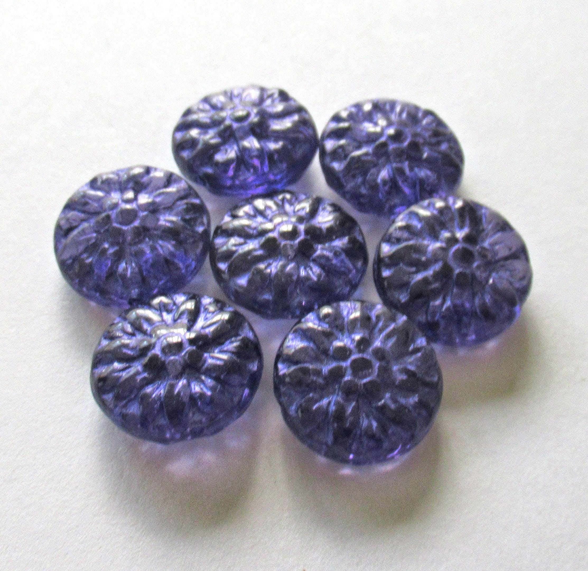 Six 14mm Czech glass Dahlia flower beads - transparent tanzanite purple beads w/ purple wash - puffy pillow coin or disc beads - C0009