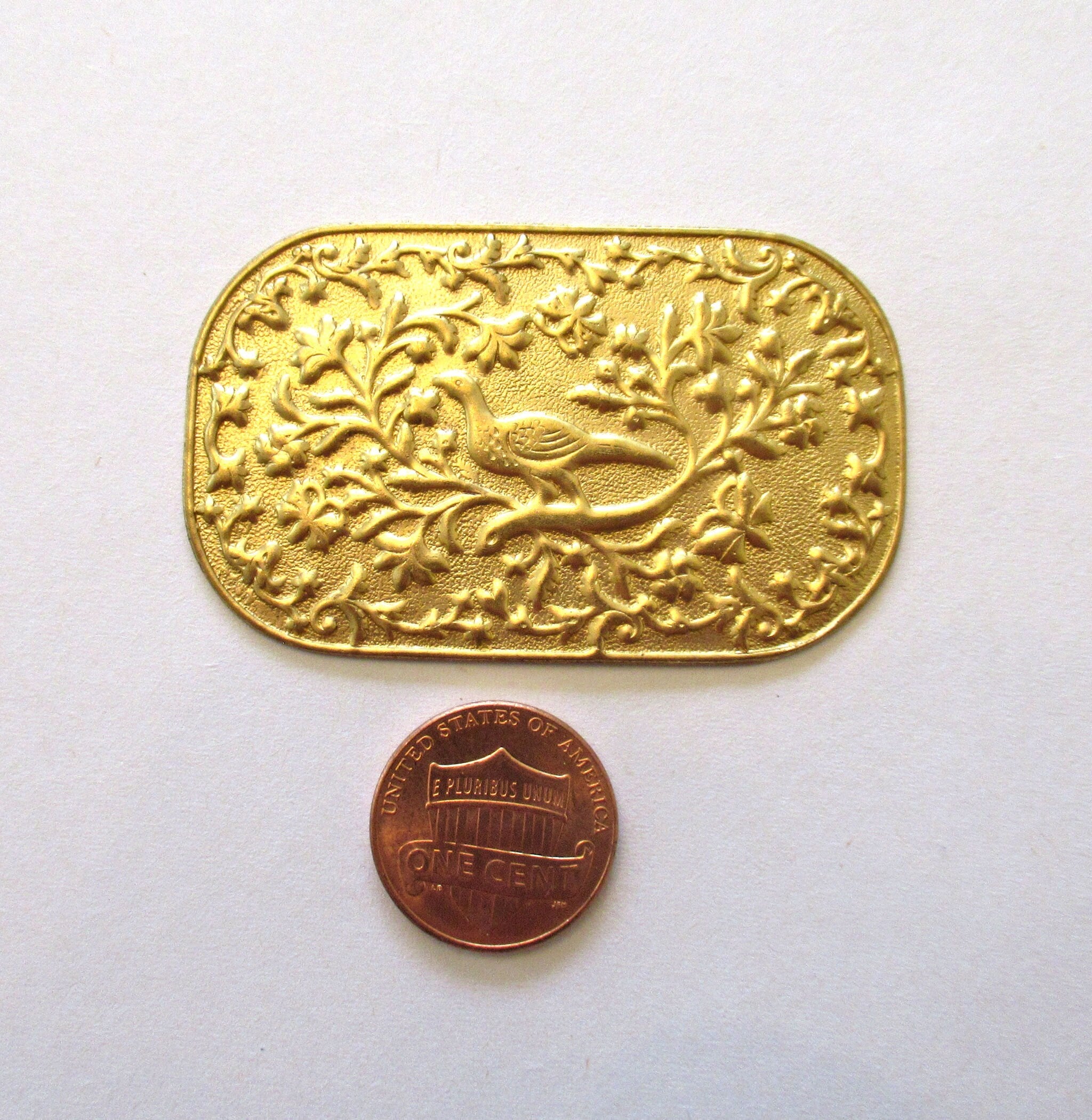 1 Ornate Victorian pheasant brass stamping medallion, - pendant, charm - 2.25" by 1.25"in diameter - made in the USA C0095