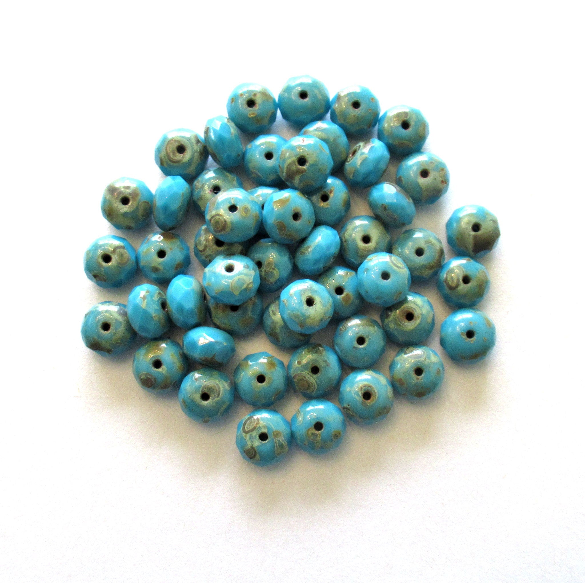 25 6 x 9mm Czech glass puffy rondelle beads - bright turquoise blue picasso faceted, fire polished beads C00522