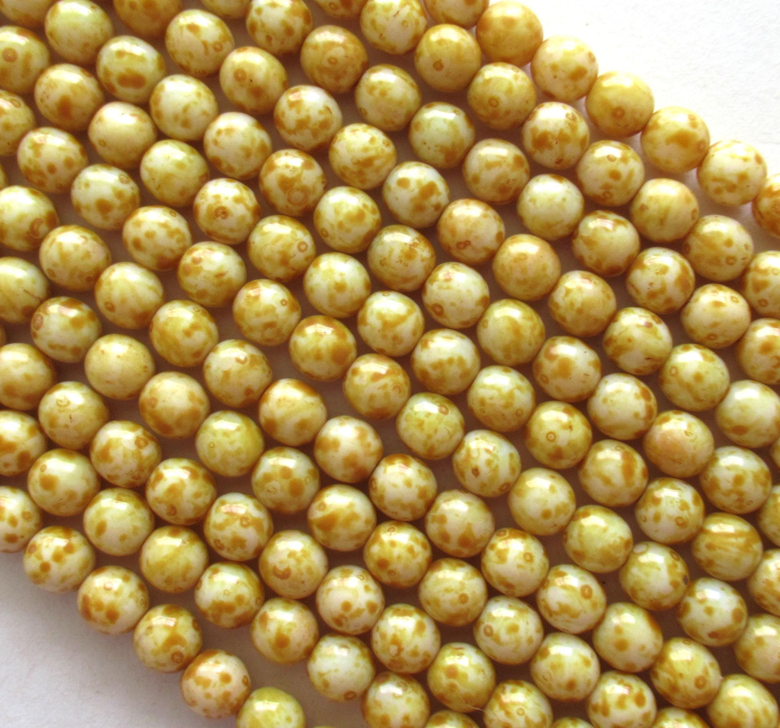 50 6mm Czech glass druks - opaque white picasso - smooth round druk beads - C0055