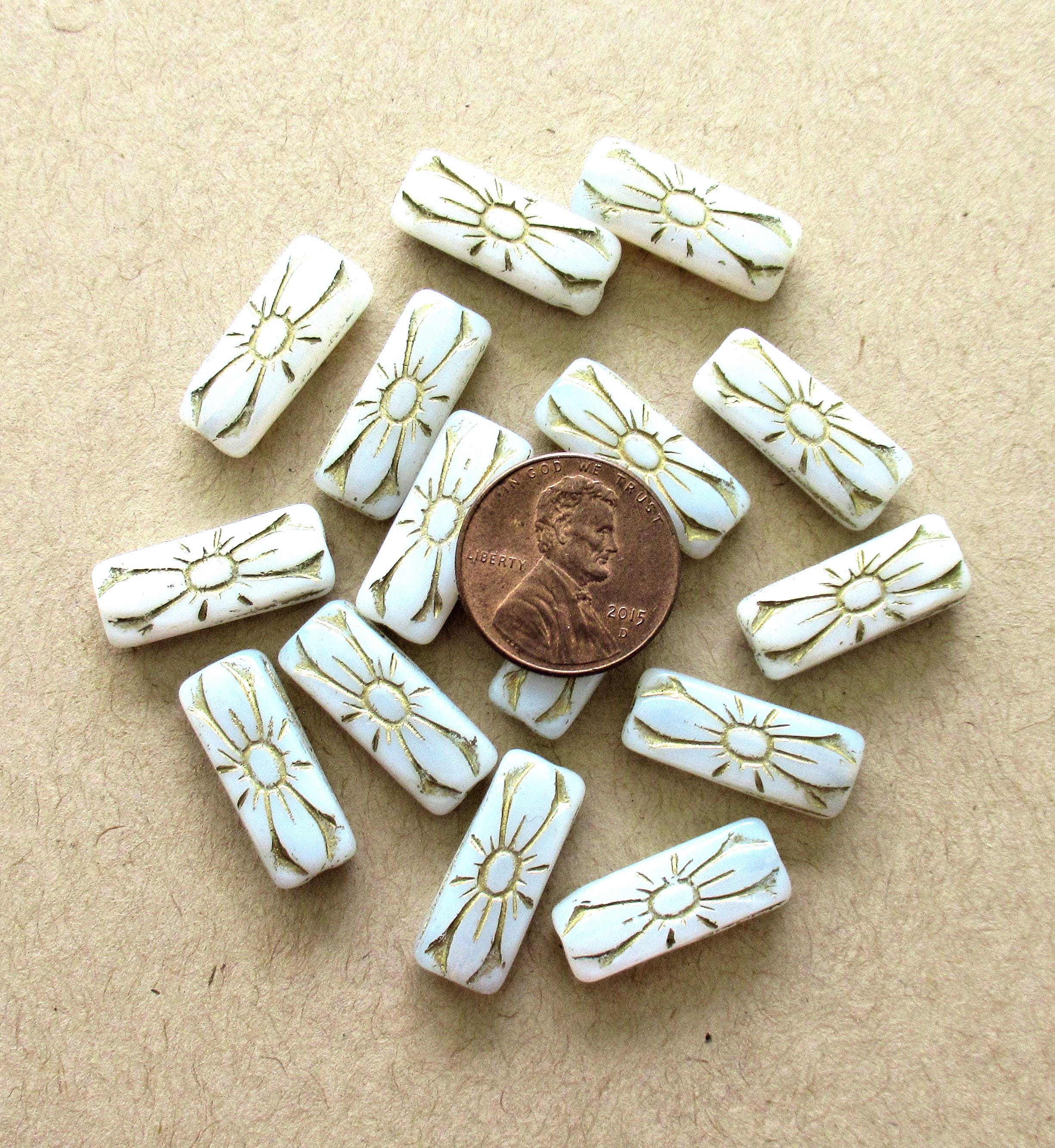 Six Czech glass flower beads - rectangular tube beads - rectangle beads - milky white with gold accents - 20 x 8mm - C0099