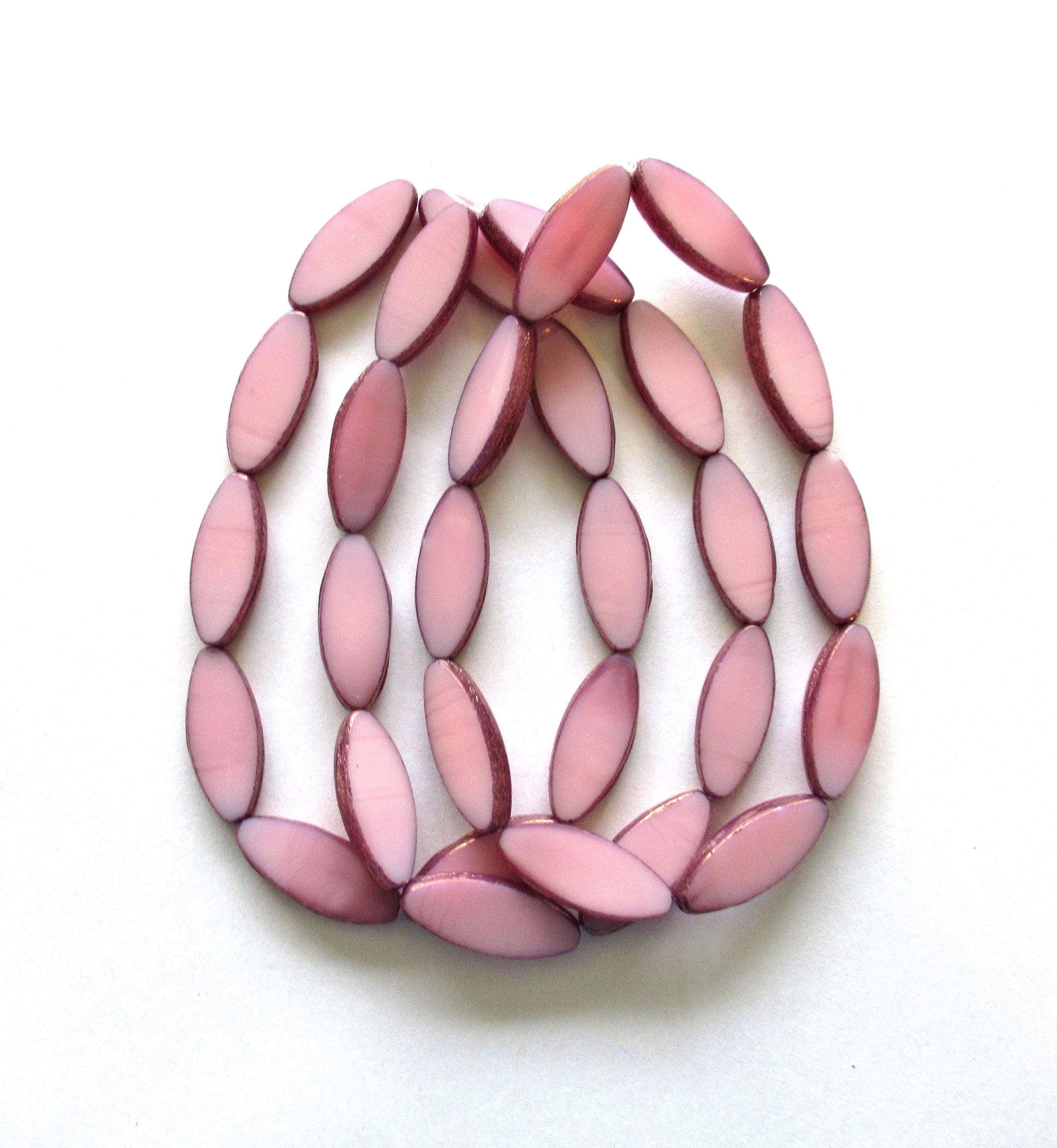 Ten large Czech glass spindle beads - opaque pink w/ purple bronze picasso accents - 20 x 9mm - table cut almond shaped oval beads - C00552