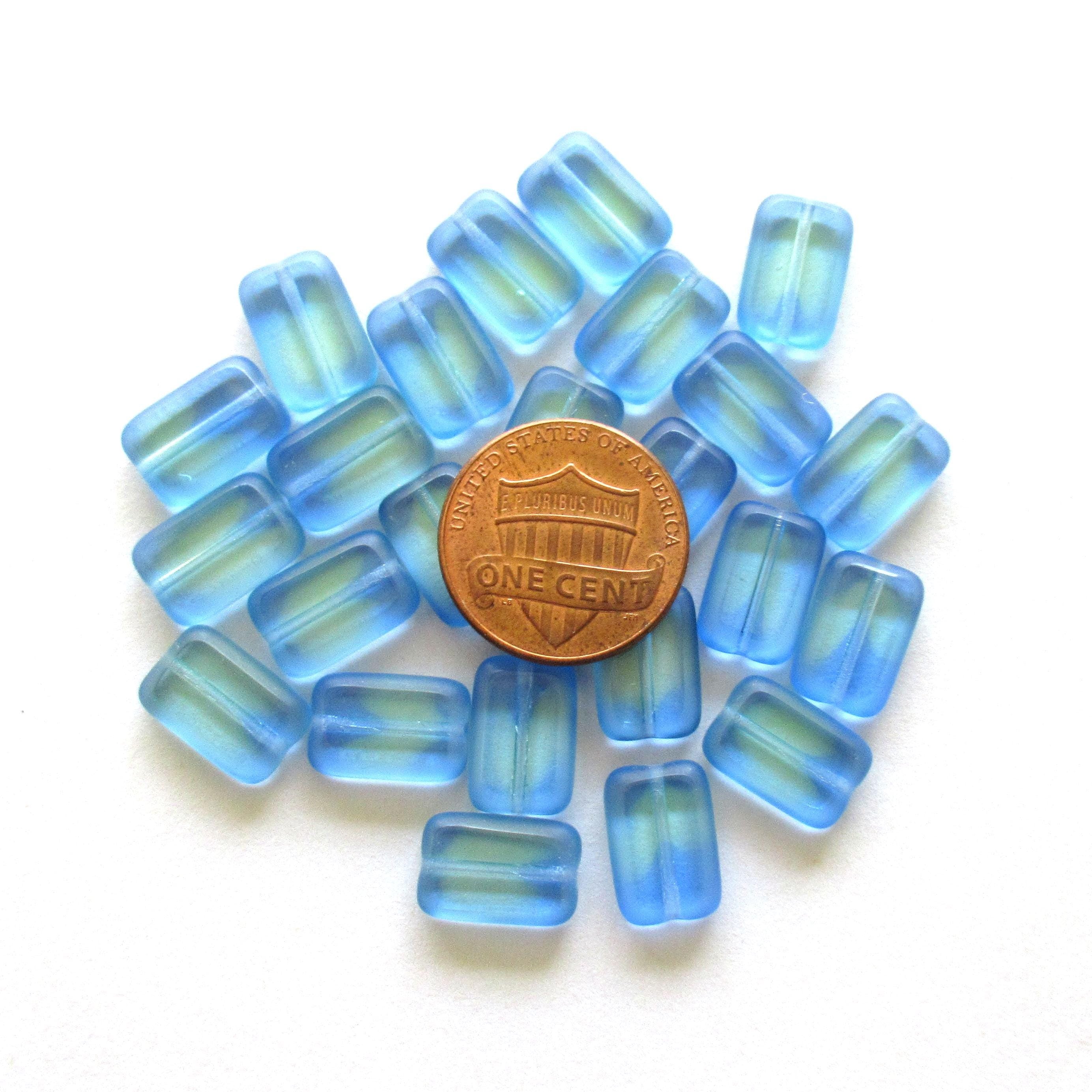 24 Czech glass rectangle beads - transparent light blue & green - table cut beads - C00541