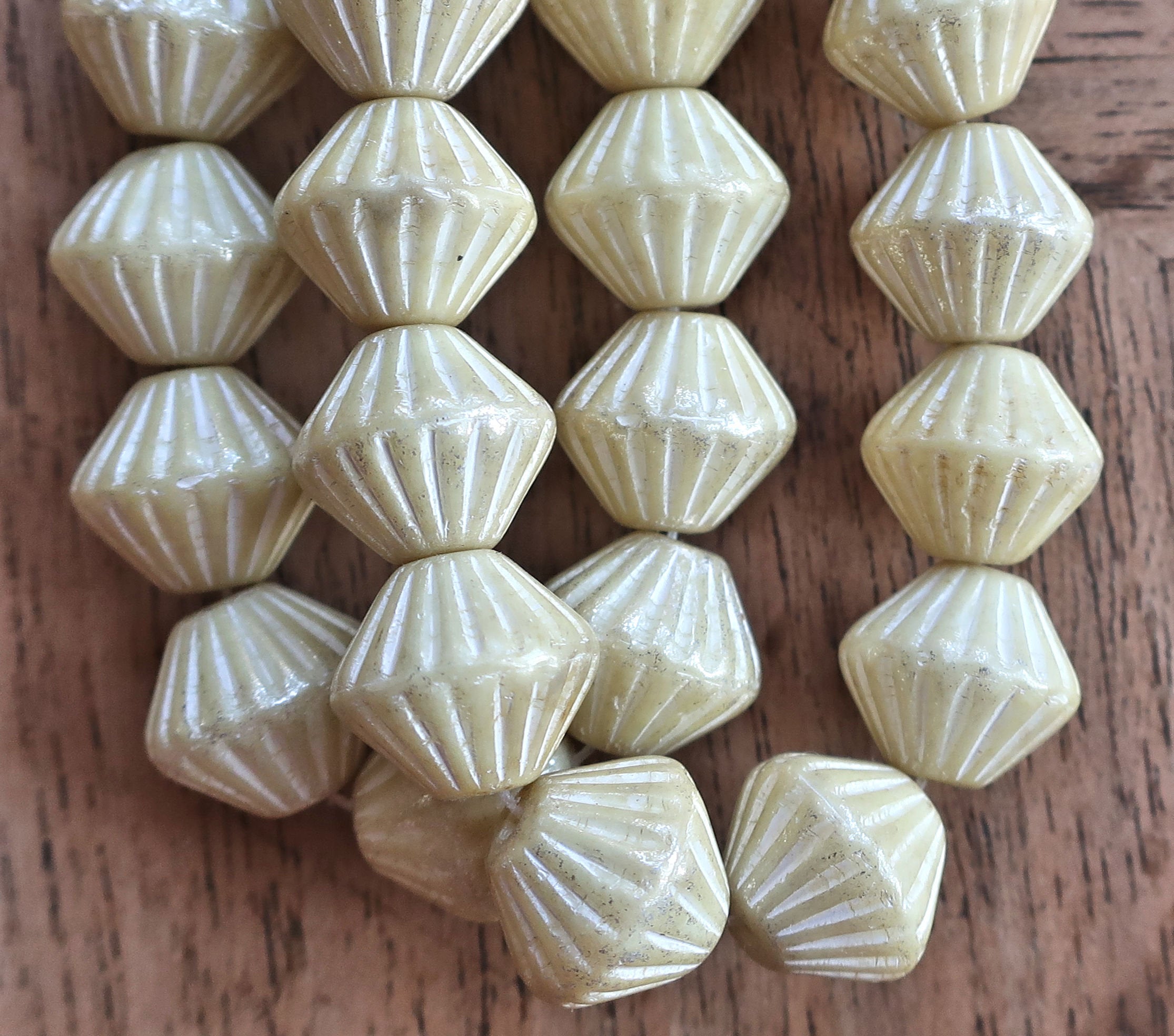 Five Czech glass bicones - 11mm x 10mm - opaque off white, cream colored - carved, chunky, rustic bicone beads C4401