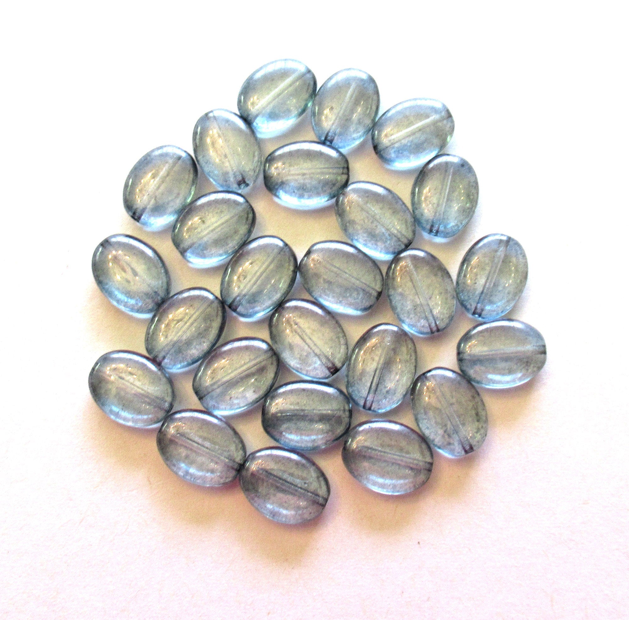25 Czech Glass flat oval beads - lumi blue 12mm x 9mm pressed glass beads C0095