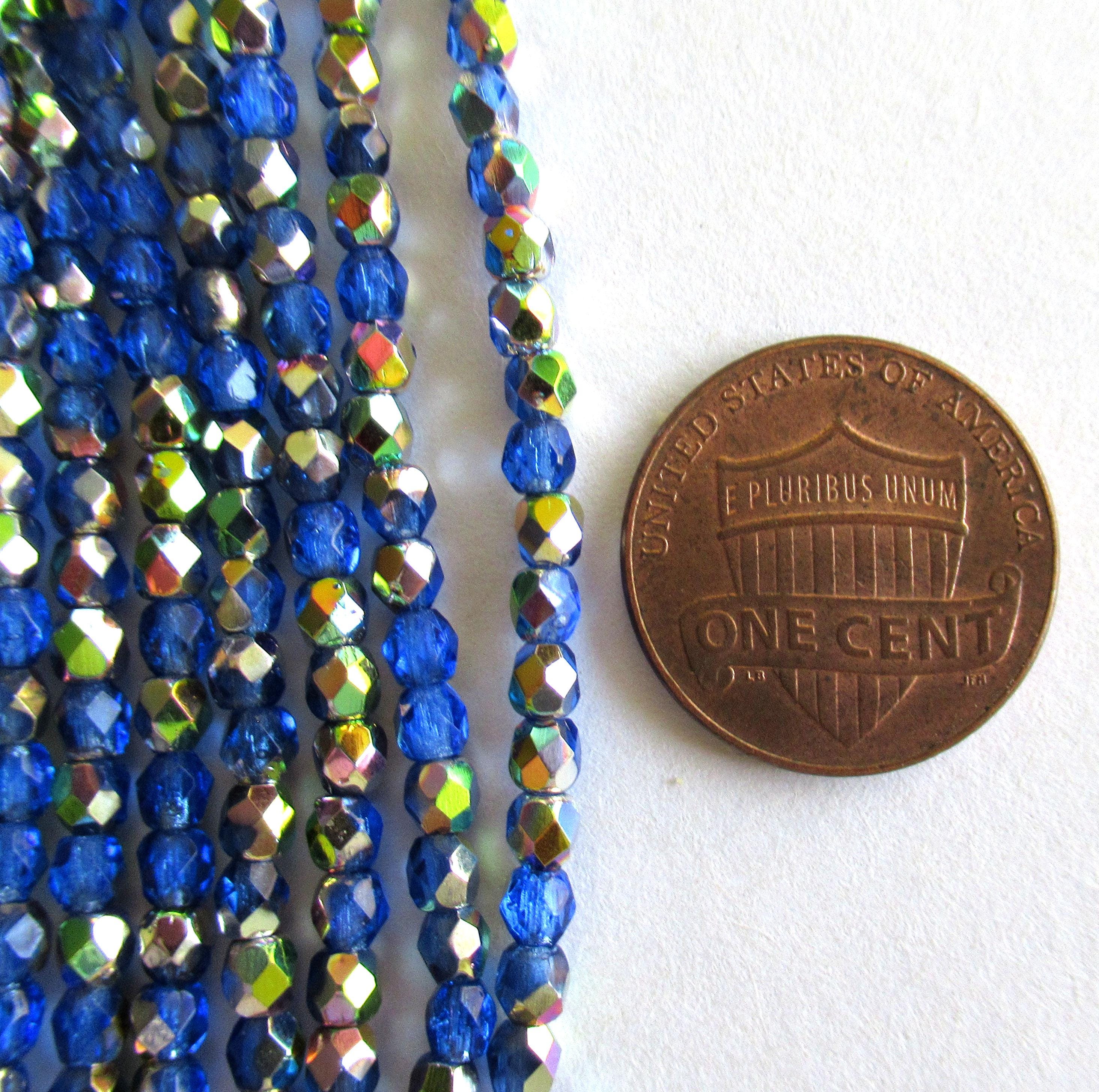 50 3mm Czech glass beads - Sapphire Blue Celsian beads - round faceted fire polished beads - C0015