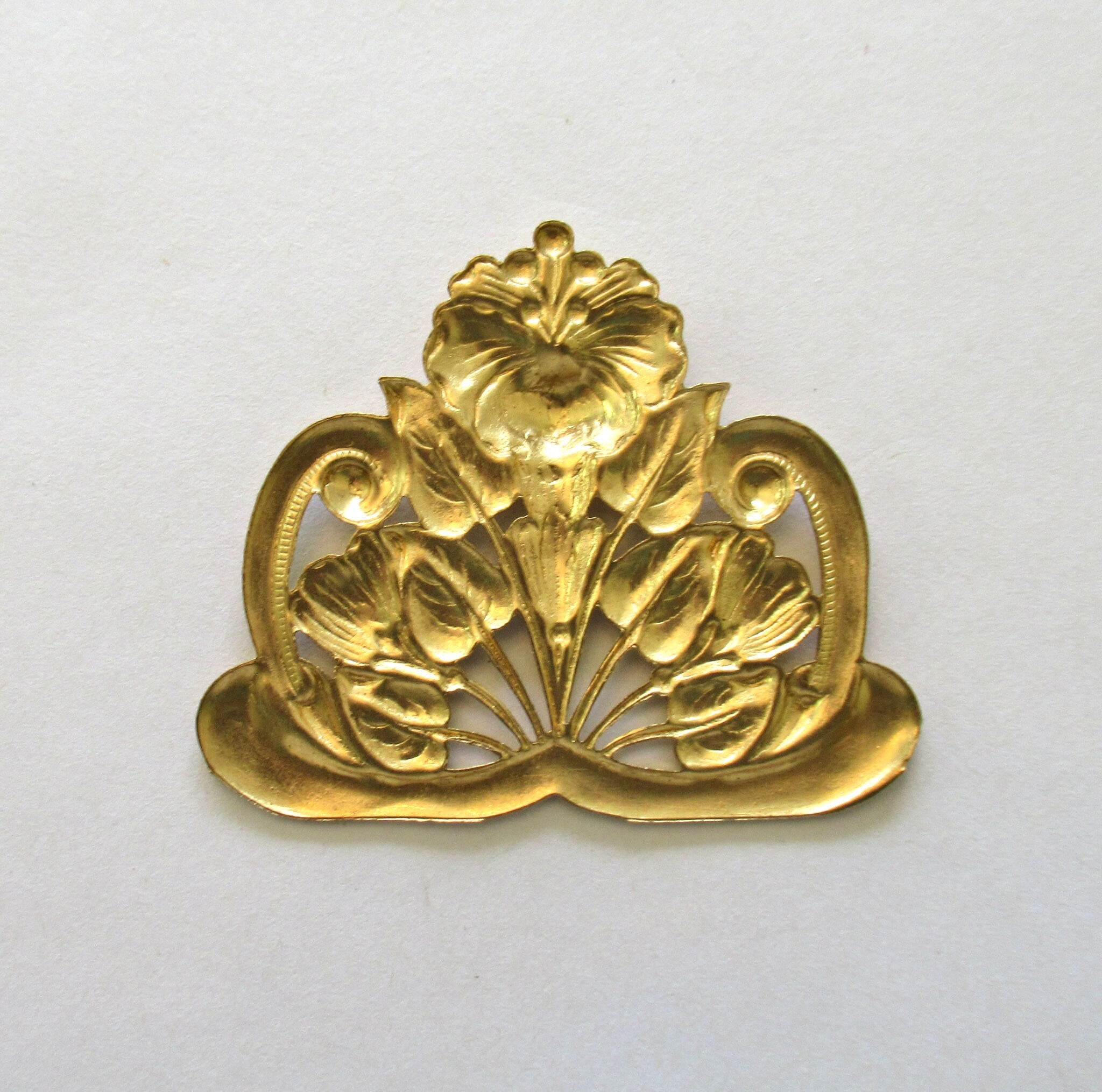 1 large floral raw brass stamping - Victorian flower connector - pendant - ornament - component - 1.87" x 2.25" - made in the USA C0096
