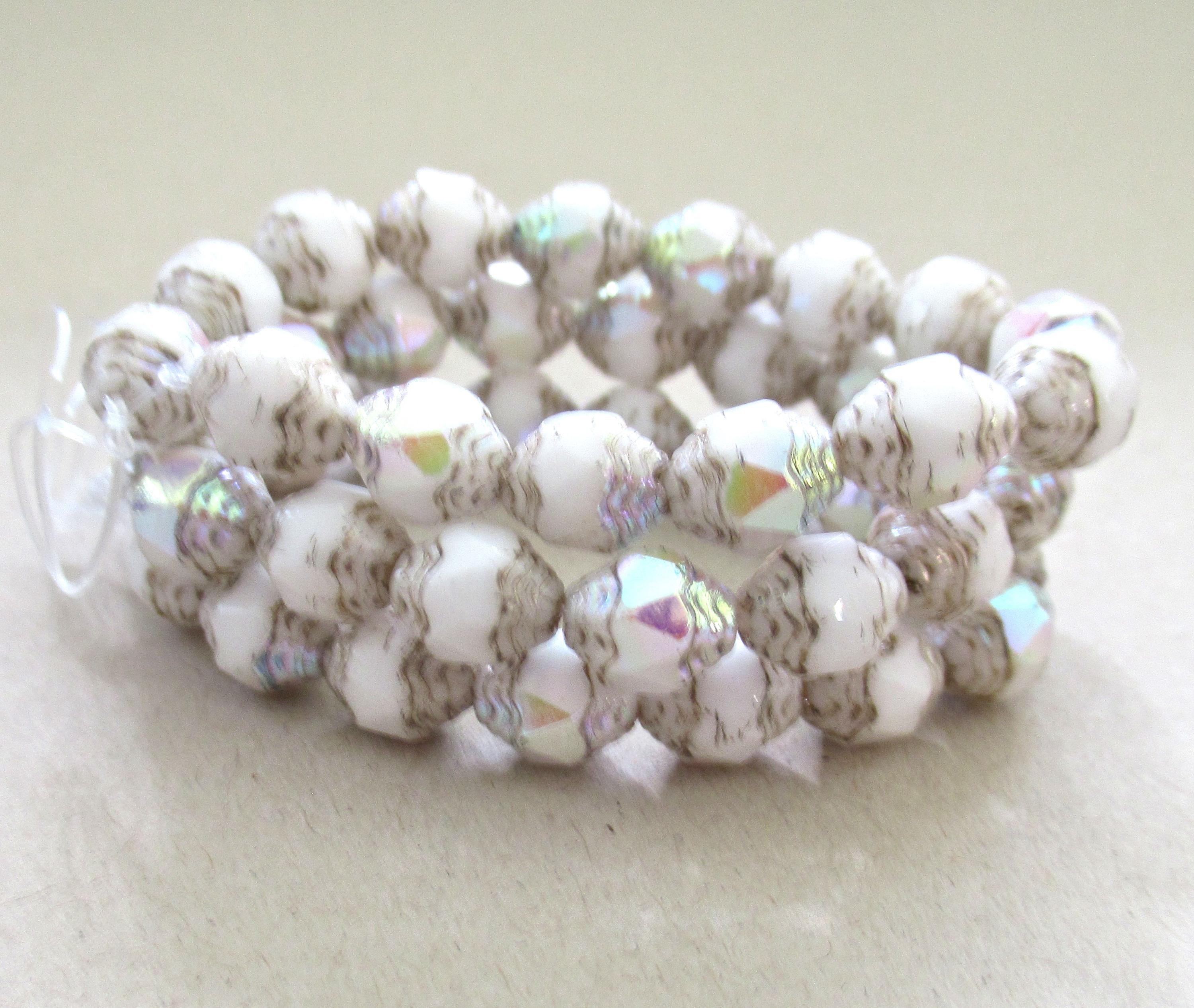 15 Czech glass mini antique style oval cathedral beads - 8 x 6mm white ab picasso beads - faceted fire polished cathedral beads - C00071