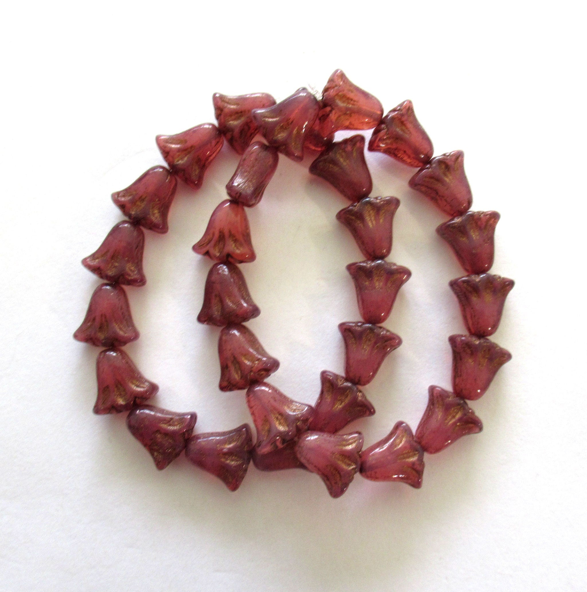 15 Czech glass flower beads - 9 x 10mm translucent deep pink opal with a bronze wash - lily flower beads C00161