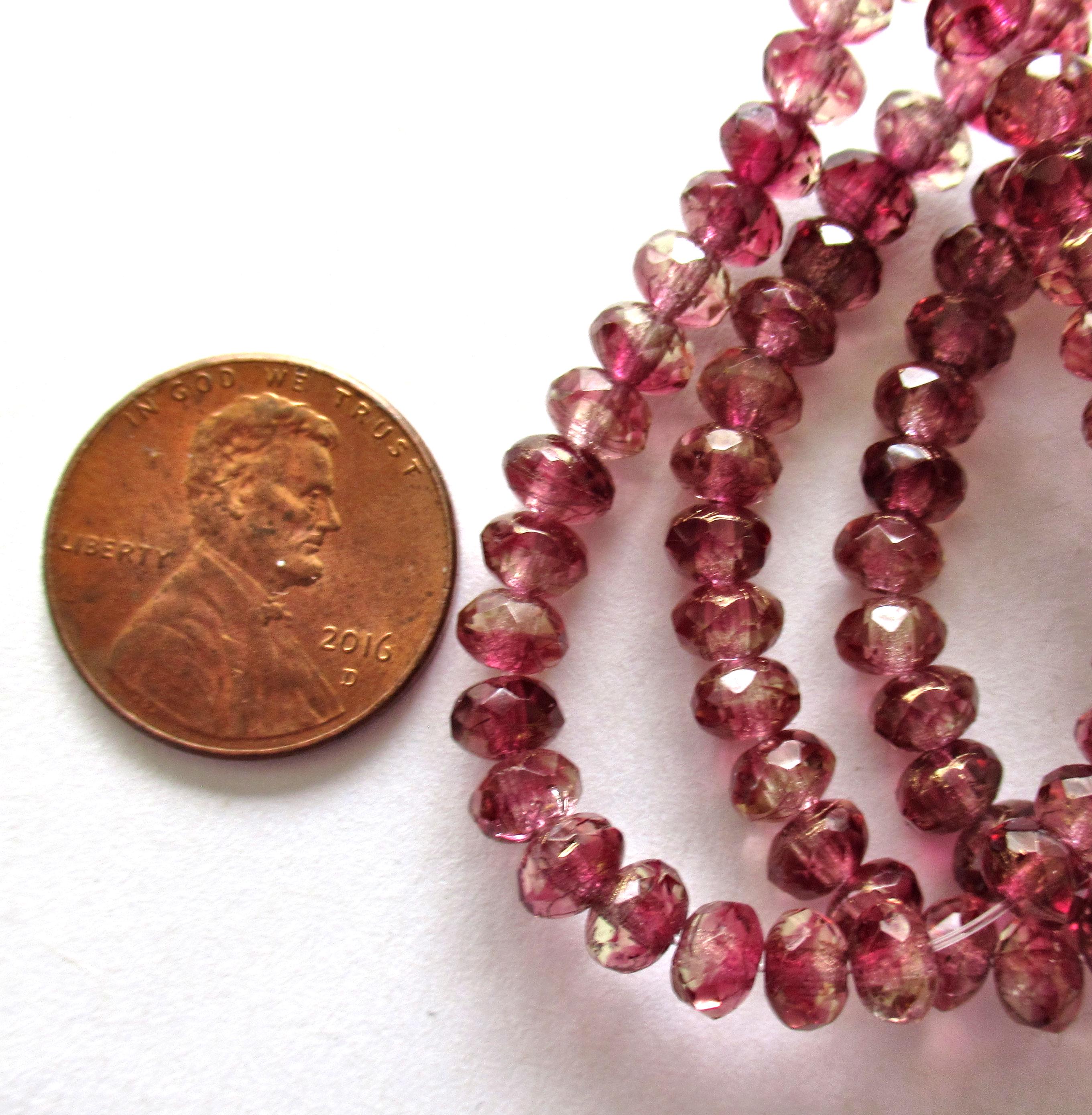 30 small Czech glass puffy rondelle beads - 3mm x 5mm - Marbled pink & champagne w/ bronze accents - faceted fire polished beads - 00051