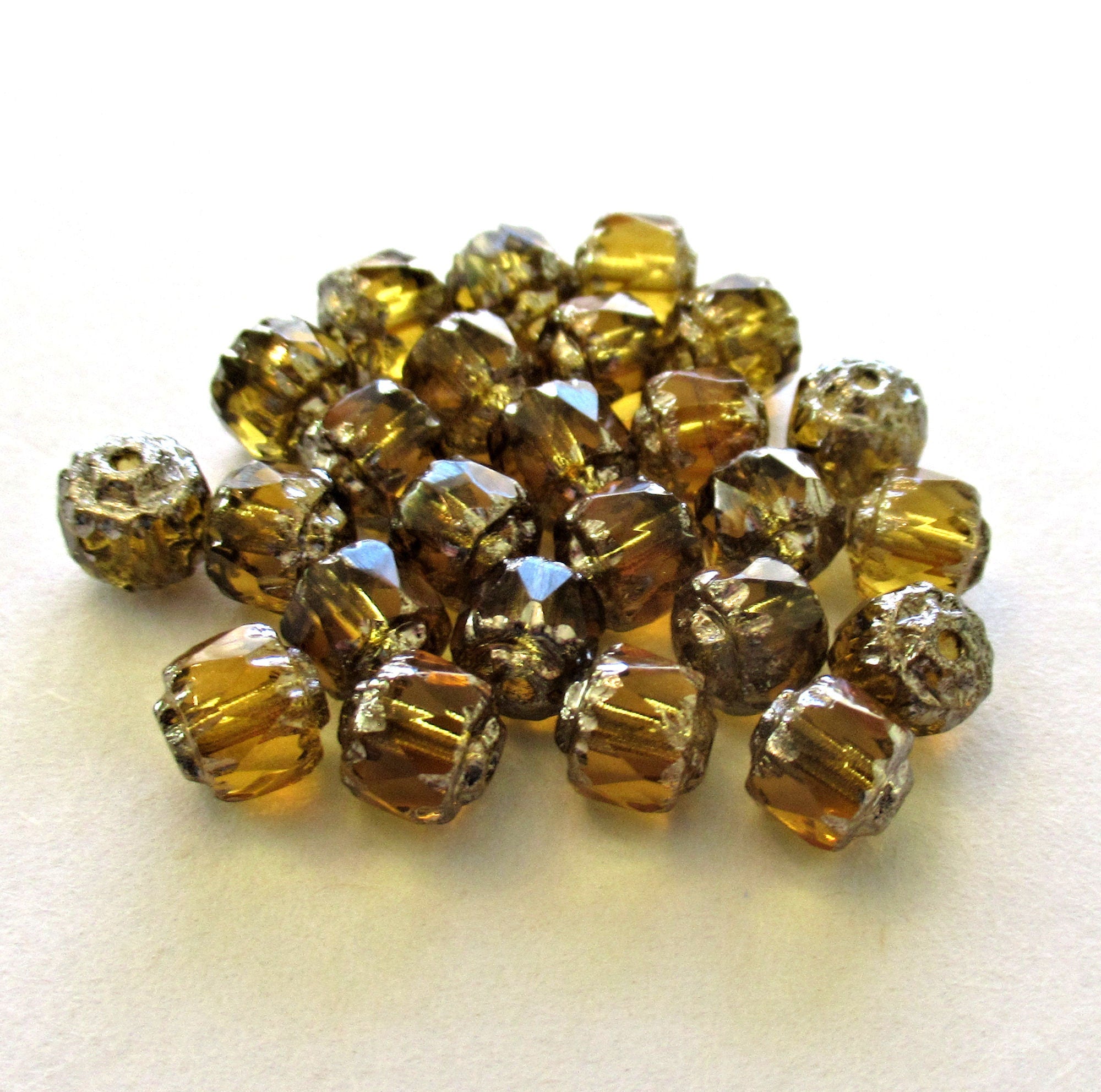 Lot of 25 Czech glass antique cut cathedral beads - topaz brown w/ silver picasso accents - faceted, fire polished beads - C00201