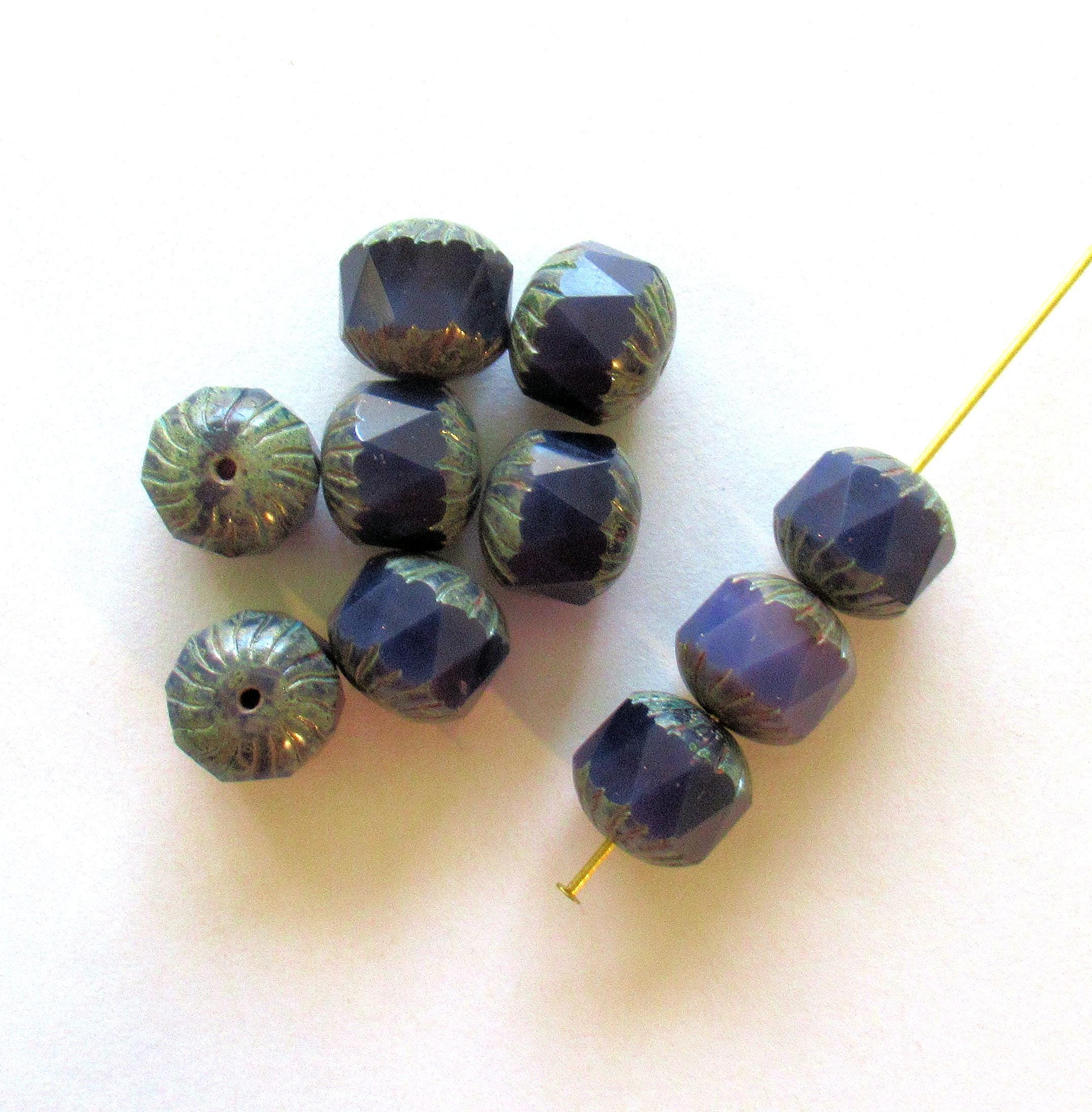 Ten large Czech glass center faceted carved cruller beads - 10mm - round purple opal cathedral beads with gray picasso accents - 00004